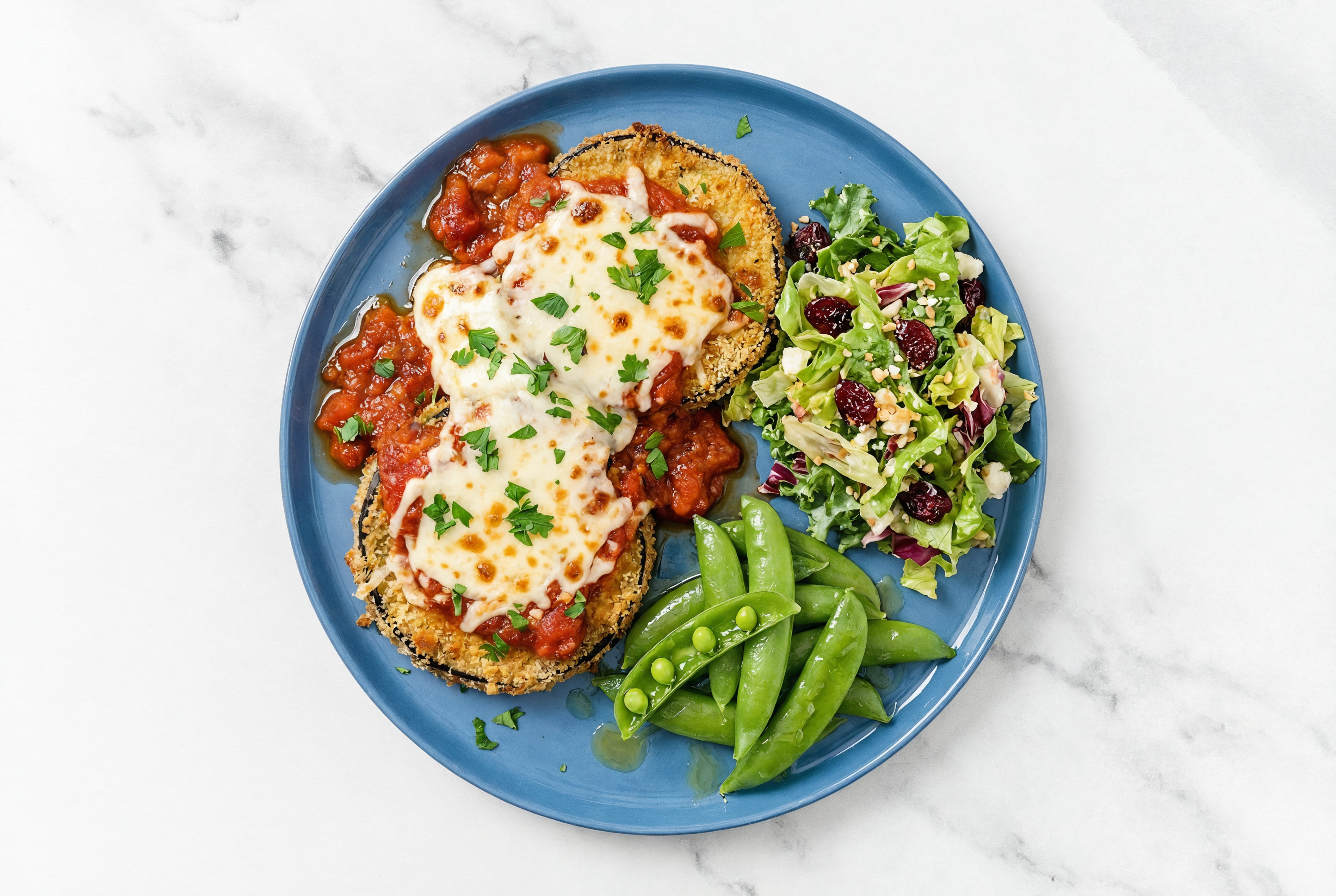 Eggplant Parmesan with Snap Peas + Chopped Salad