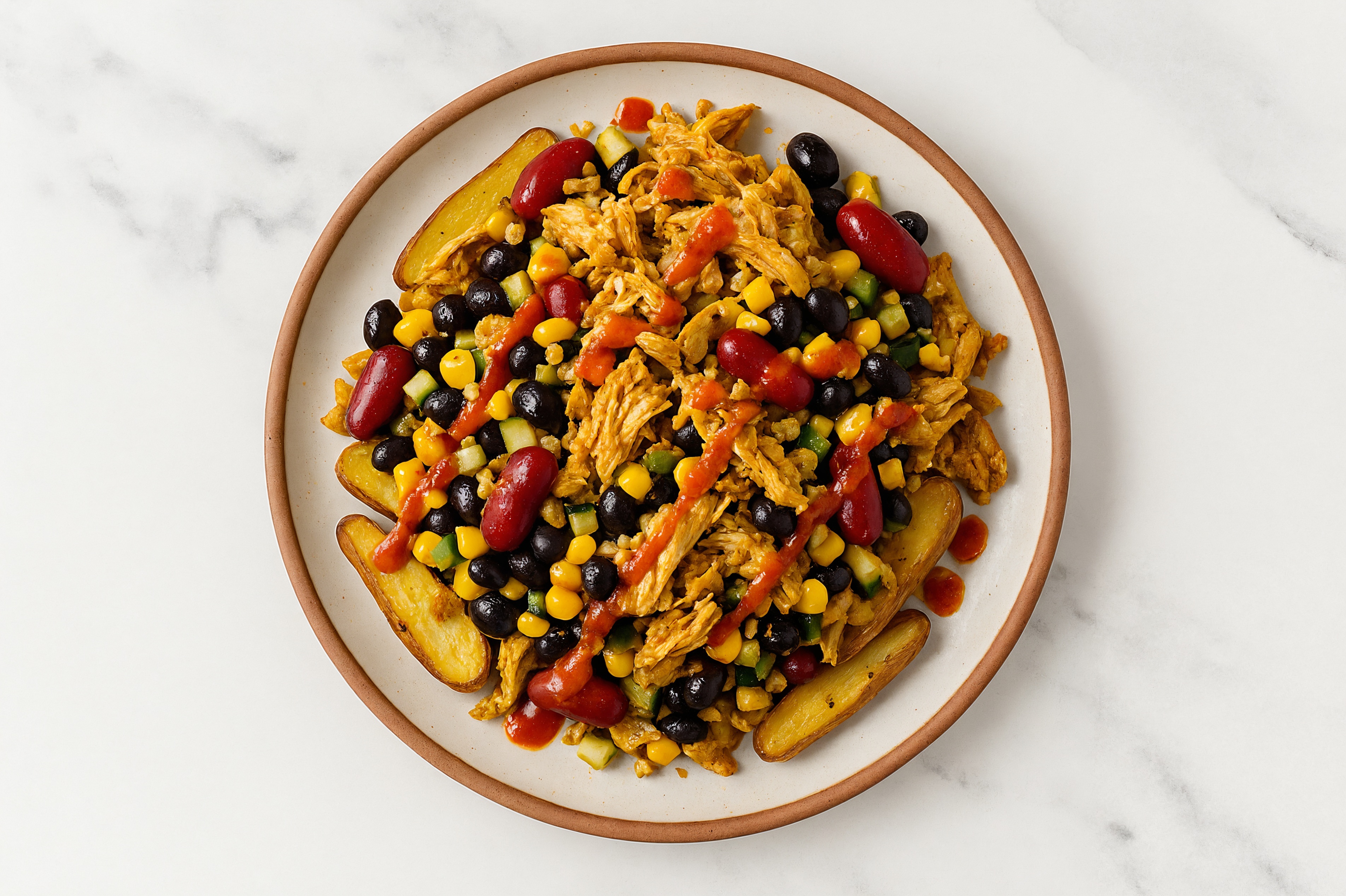 Spicy Shawarma Loaded Potatoes with Sriracha Hot Sauce