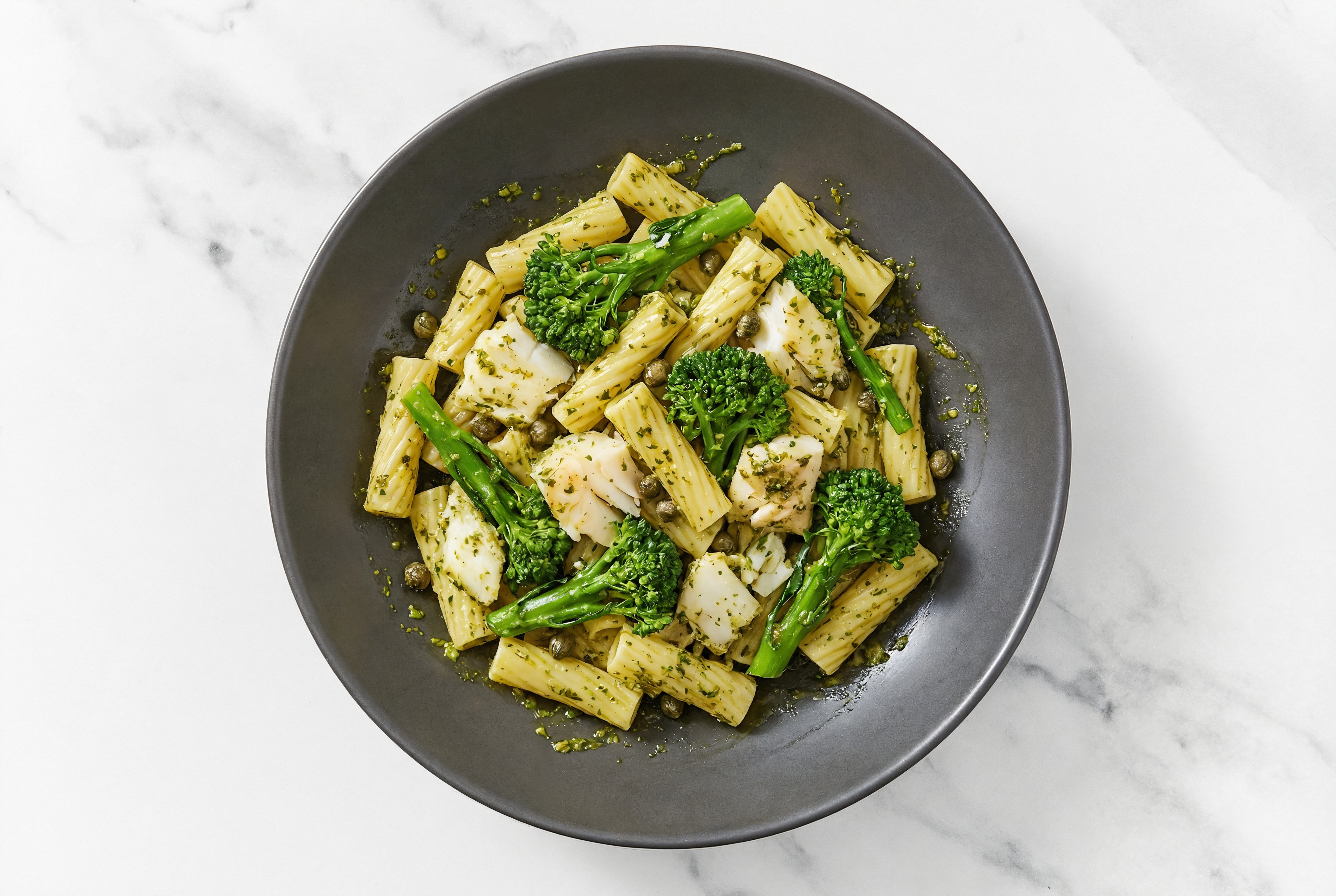 Super Green Cod Rigatoni with Baby Broccoli + Foraged Capers