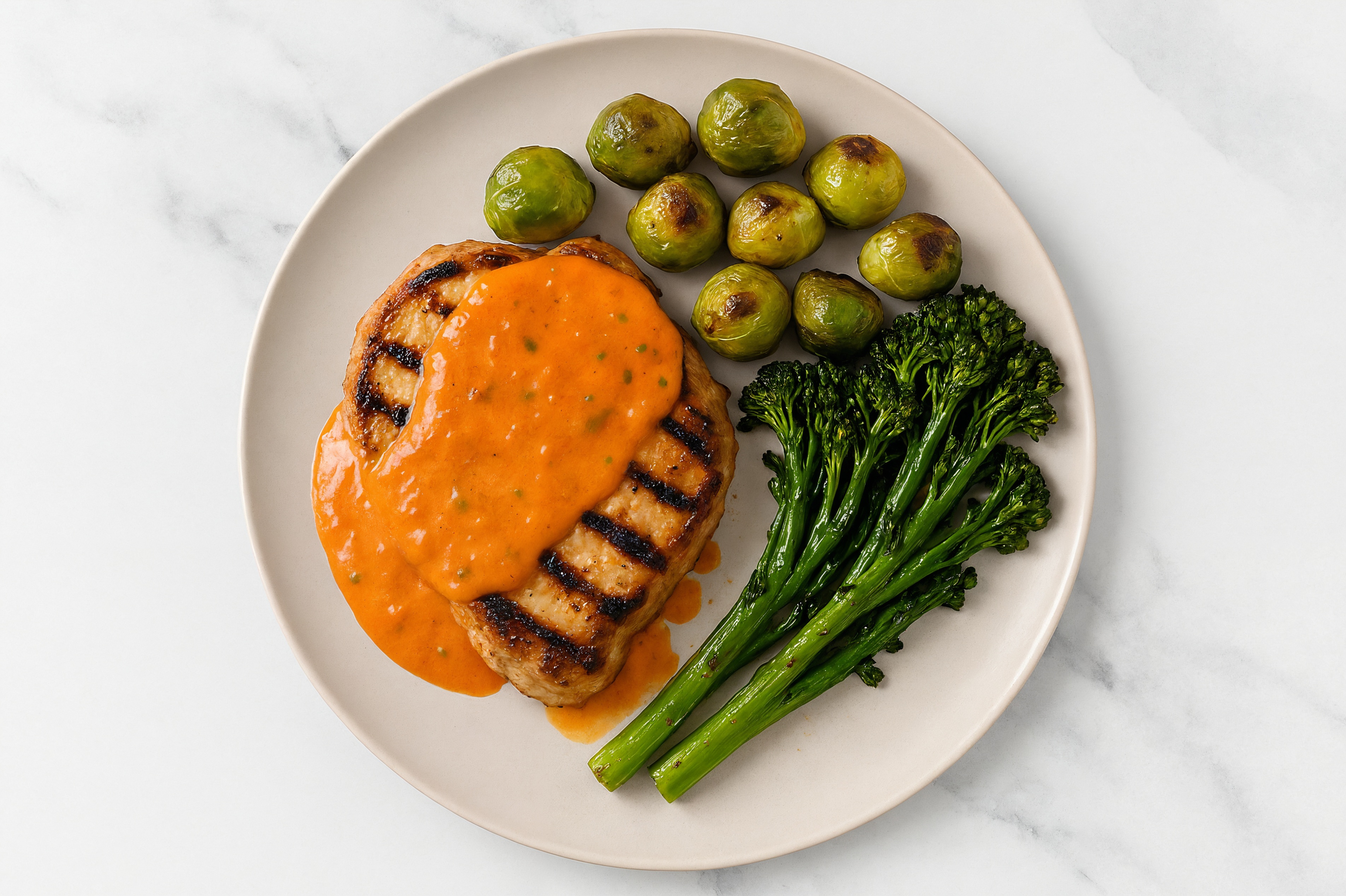 Creamy Vodka Smothered Pork Chops with Baby Broccoli & Roasted Brussels