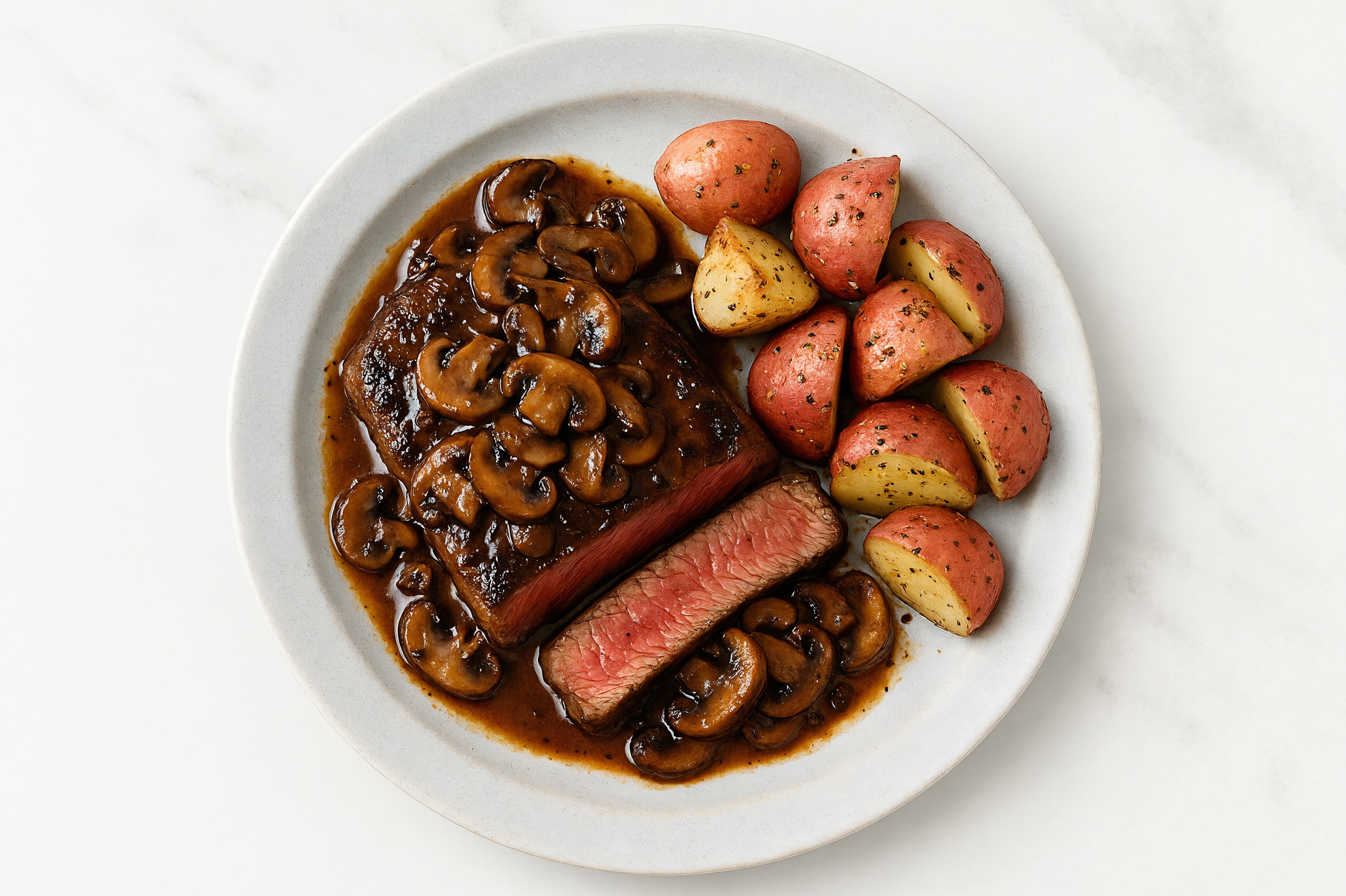  Pepper Garlic Wagyu Strip Steak n' Taters with Mushroom Pan Sauce
