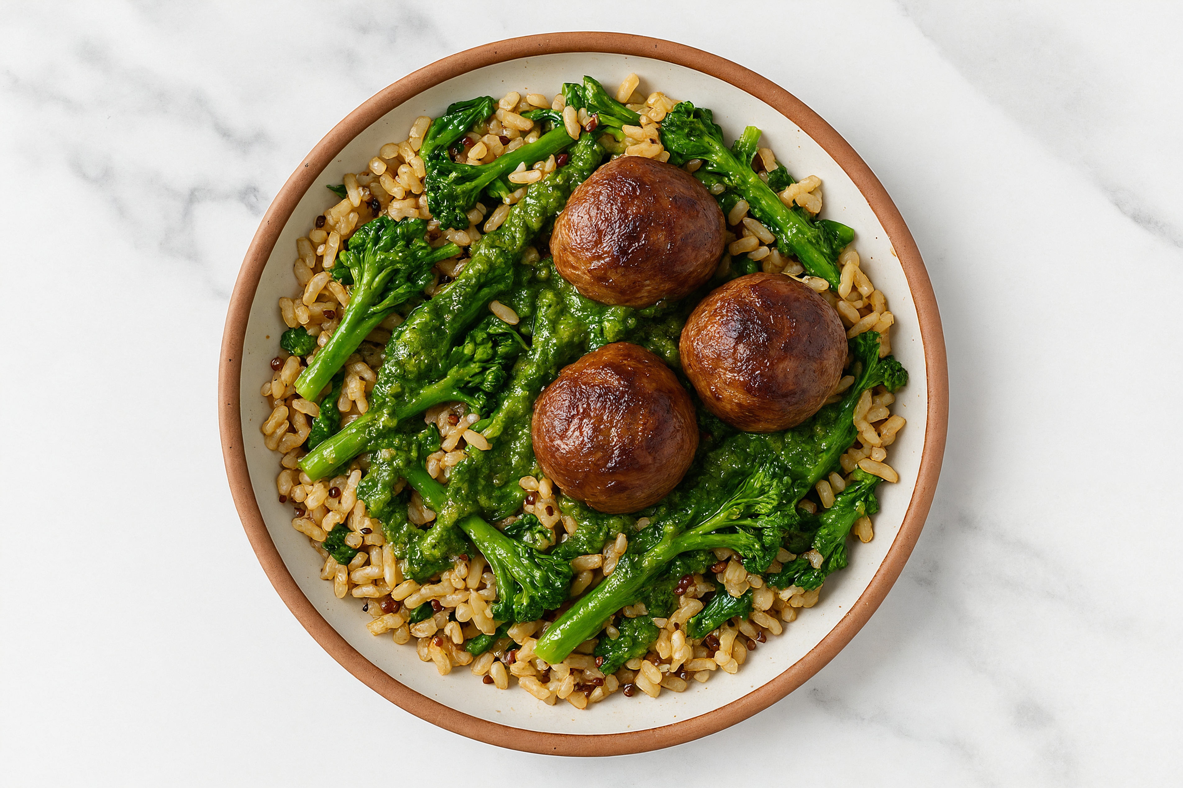 Pesto Meatball + Broccoli Rice Bowl