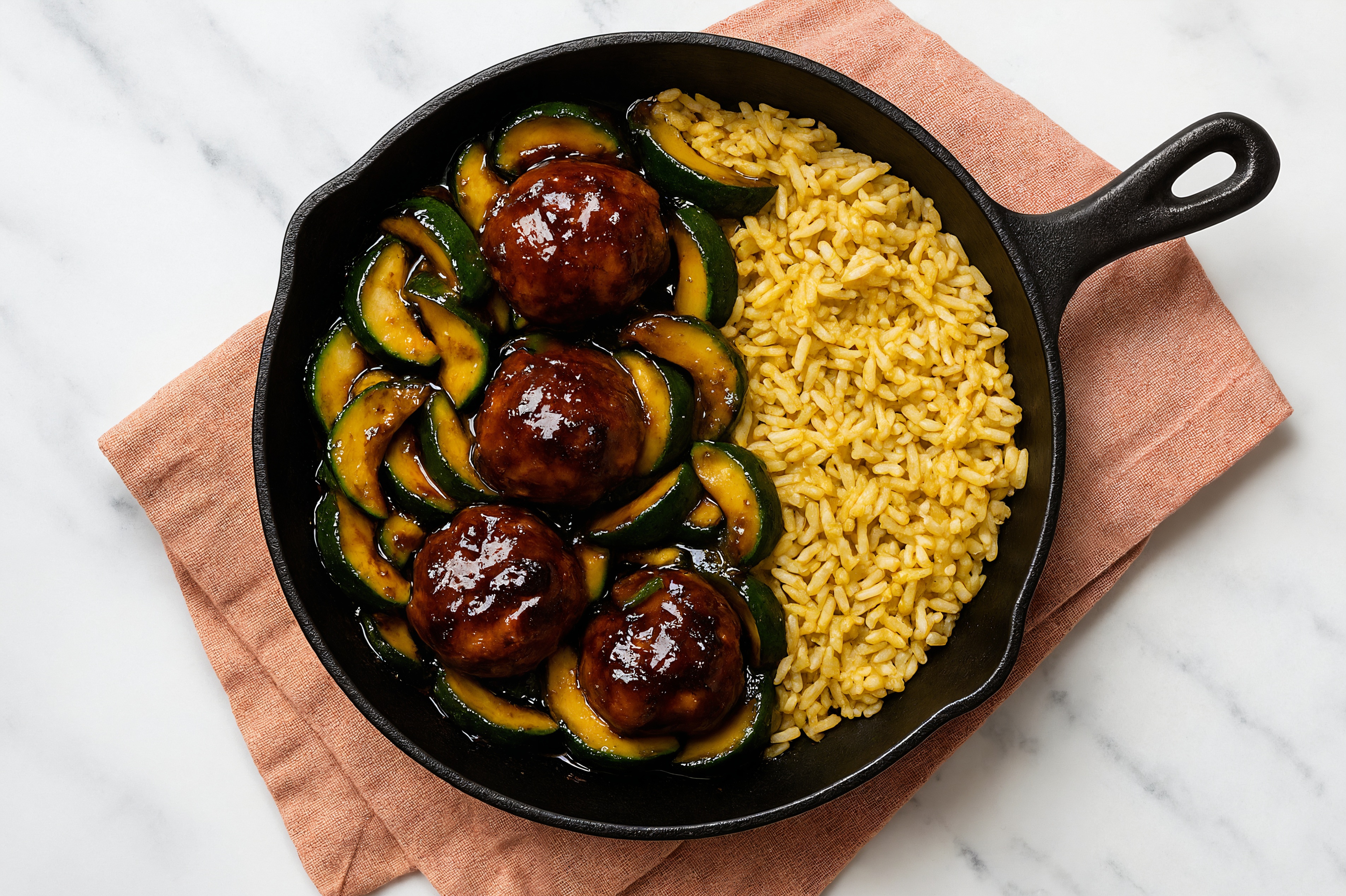 Japanese BBQ Meatball Stir-Fry with Zucchini over Jasmine Rice