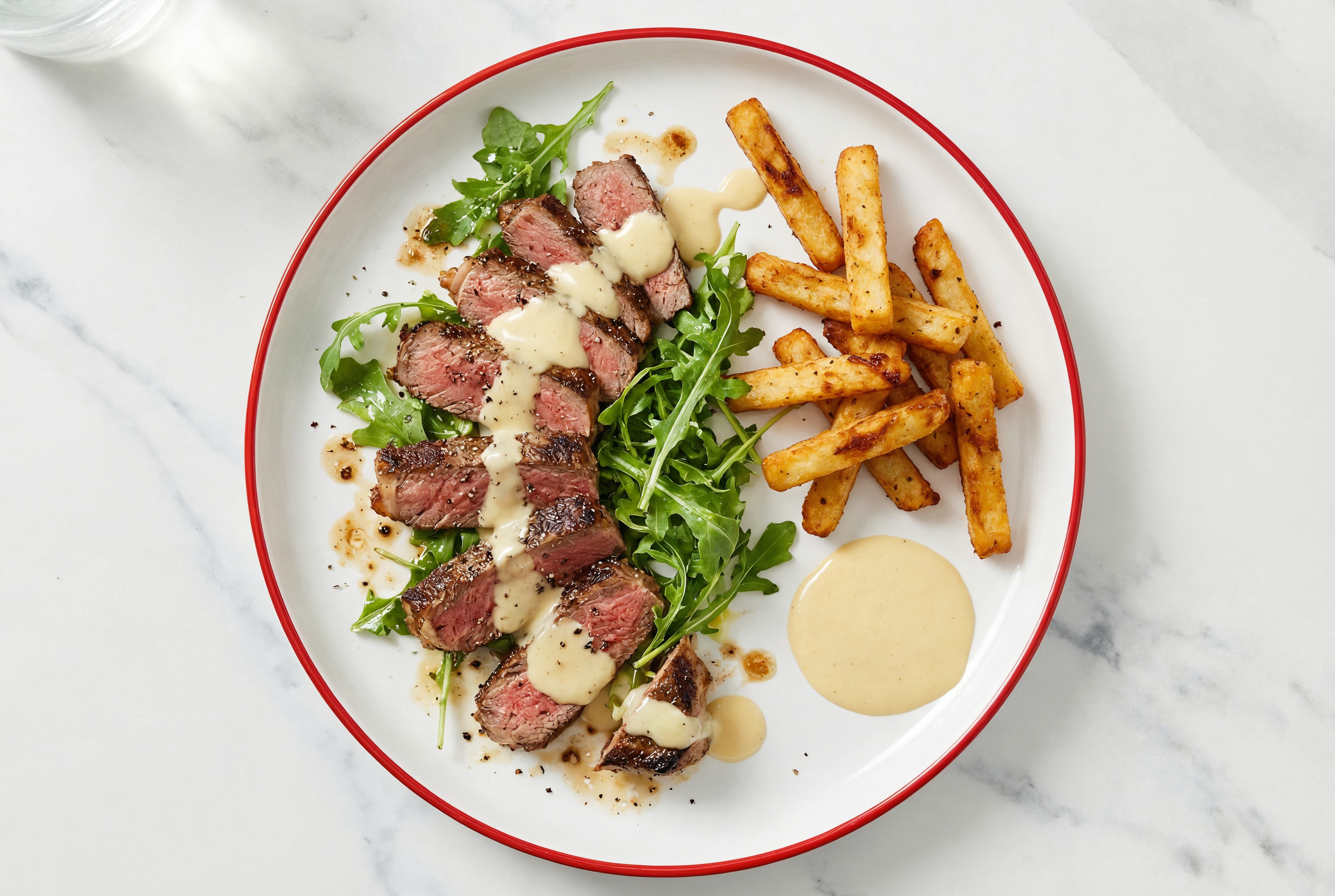 Strip Steak + Super Veggie Fries with Miso Caesar