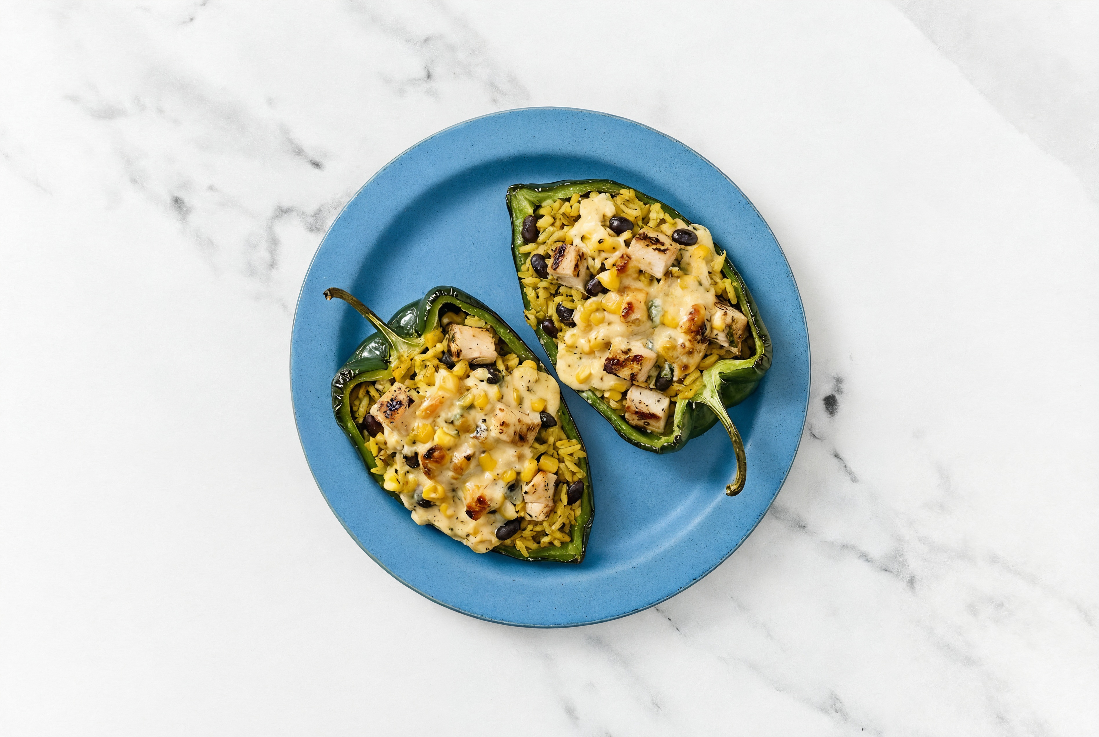 Poblano Peppers Stuffed with Mexican Street Corn + Grilled Chicken and Rice with Beans