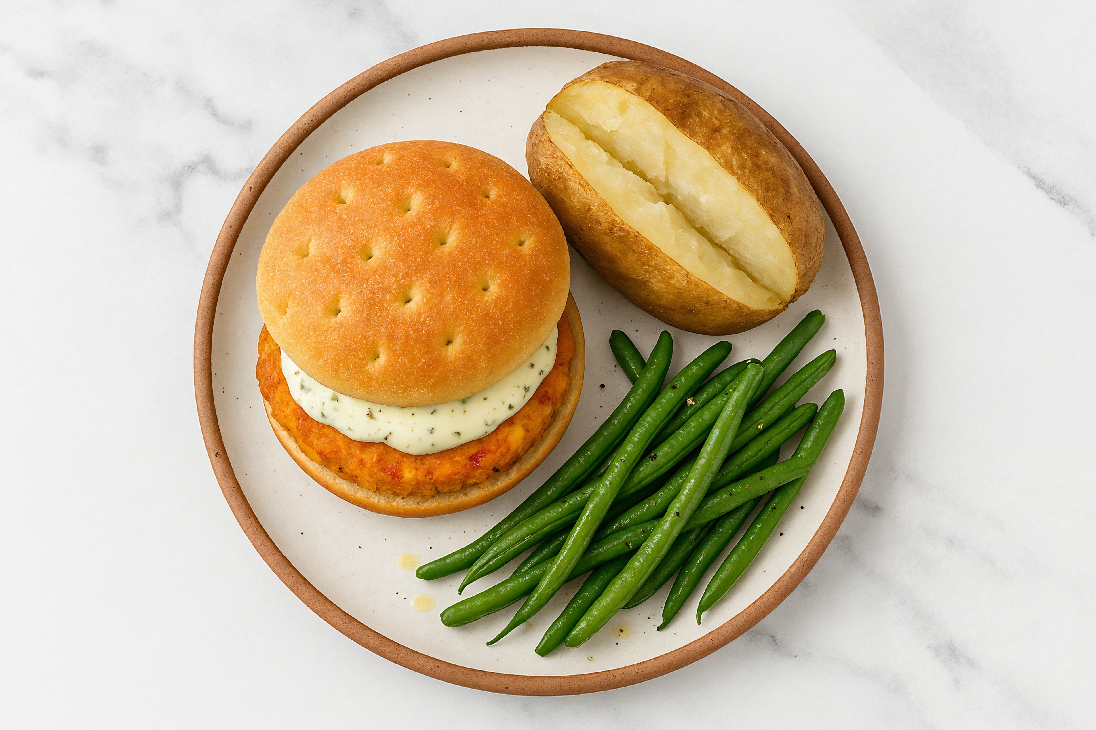 Ranch Sweet Potato Burger on Brioche with Green Beans