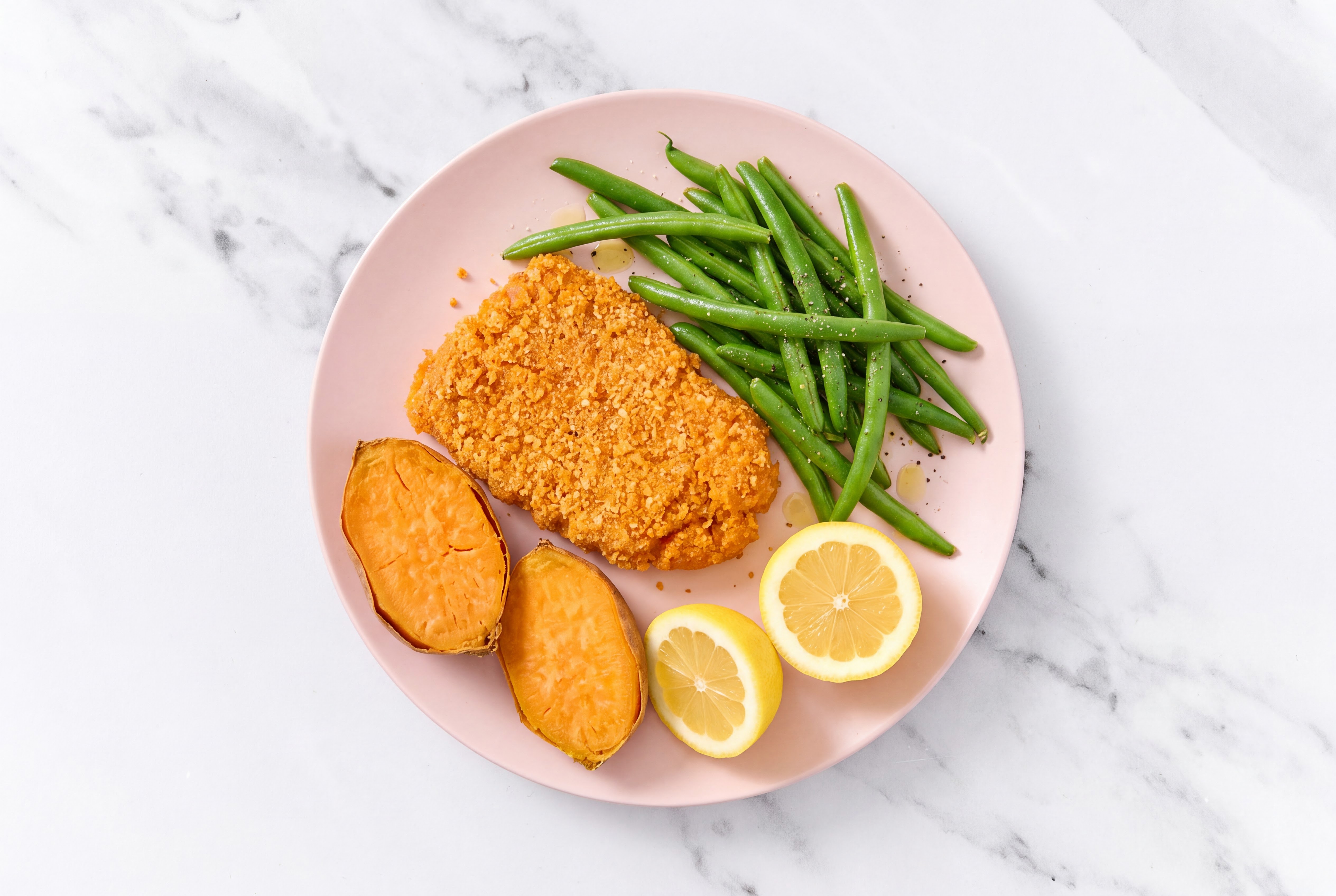 Lemon Hot Honey Breaded Chicken Cutlet with Organic Green Beans & Sweet Potato