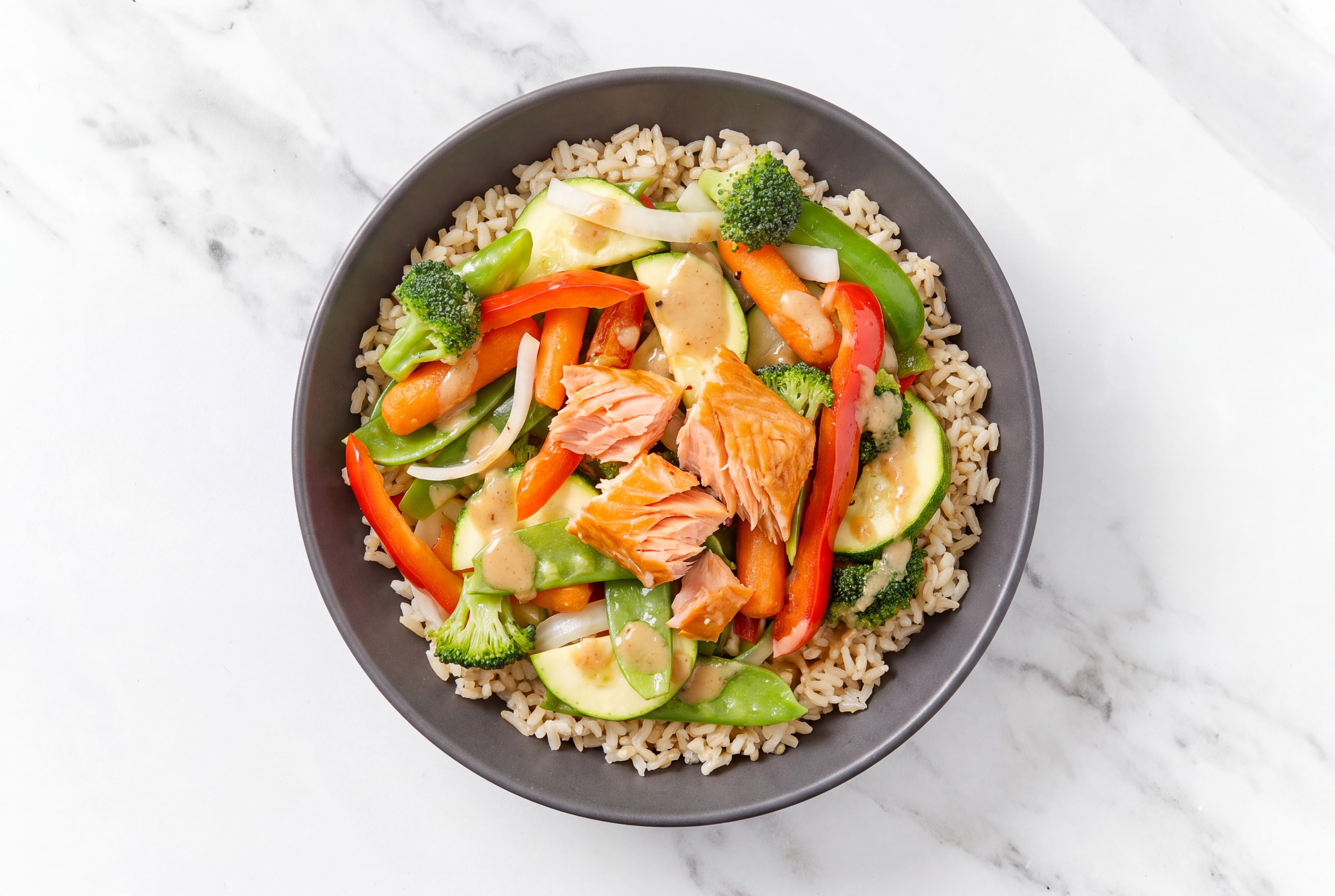 Ginger Ponzu Dressing & Drizzle Smoked Salmon + Stir-Fry Veggie Bowl