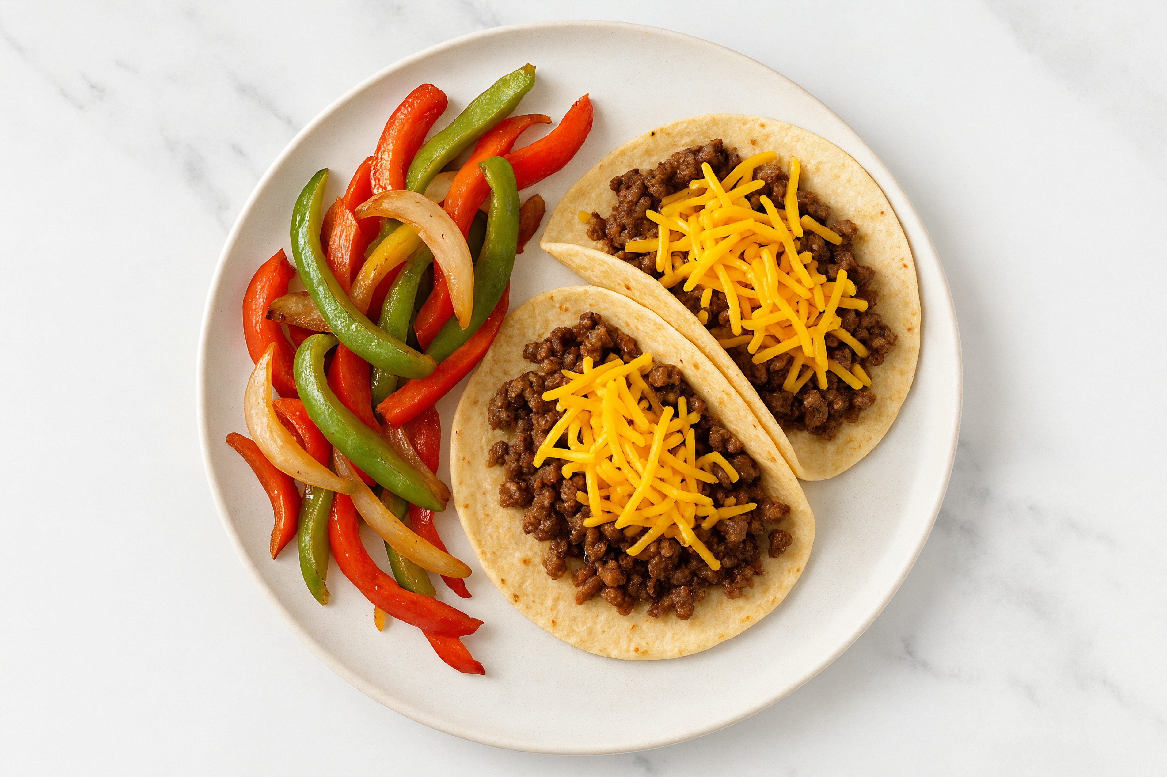 Garden Cheesy Ground Beef Tacos + Fajita Veggies with Shredded Sharp Cheddar Cheese
