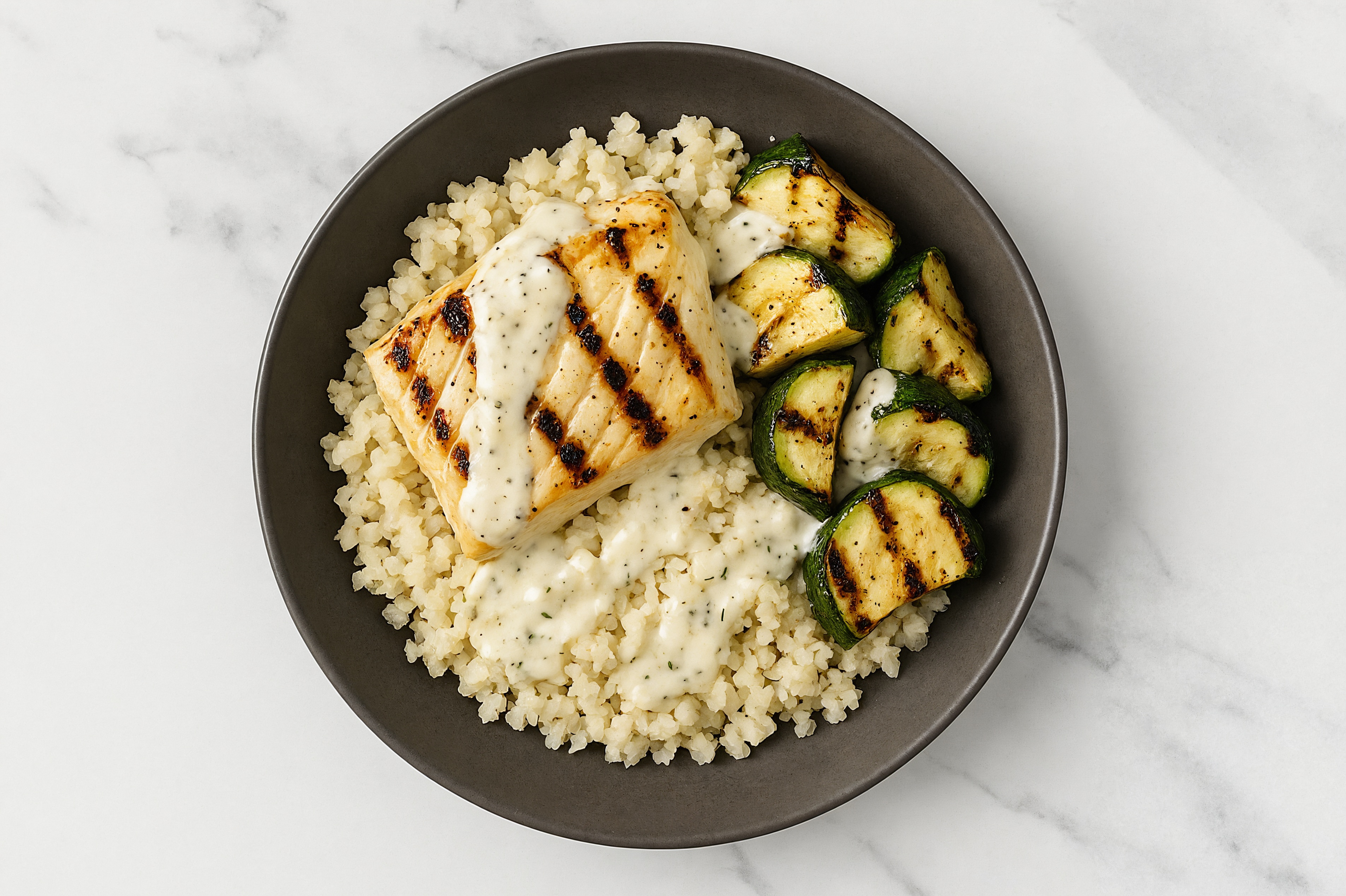 Grilled Ranch Halibut Grain Bowl with Riced Cauliflower