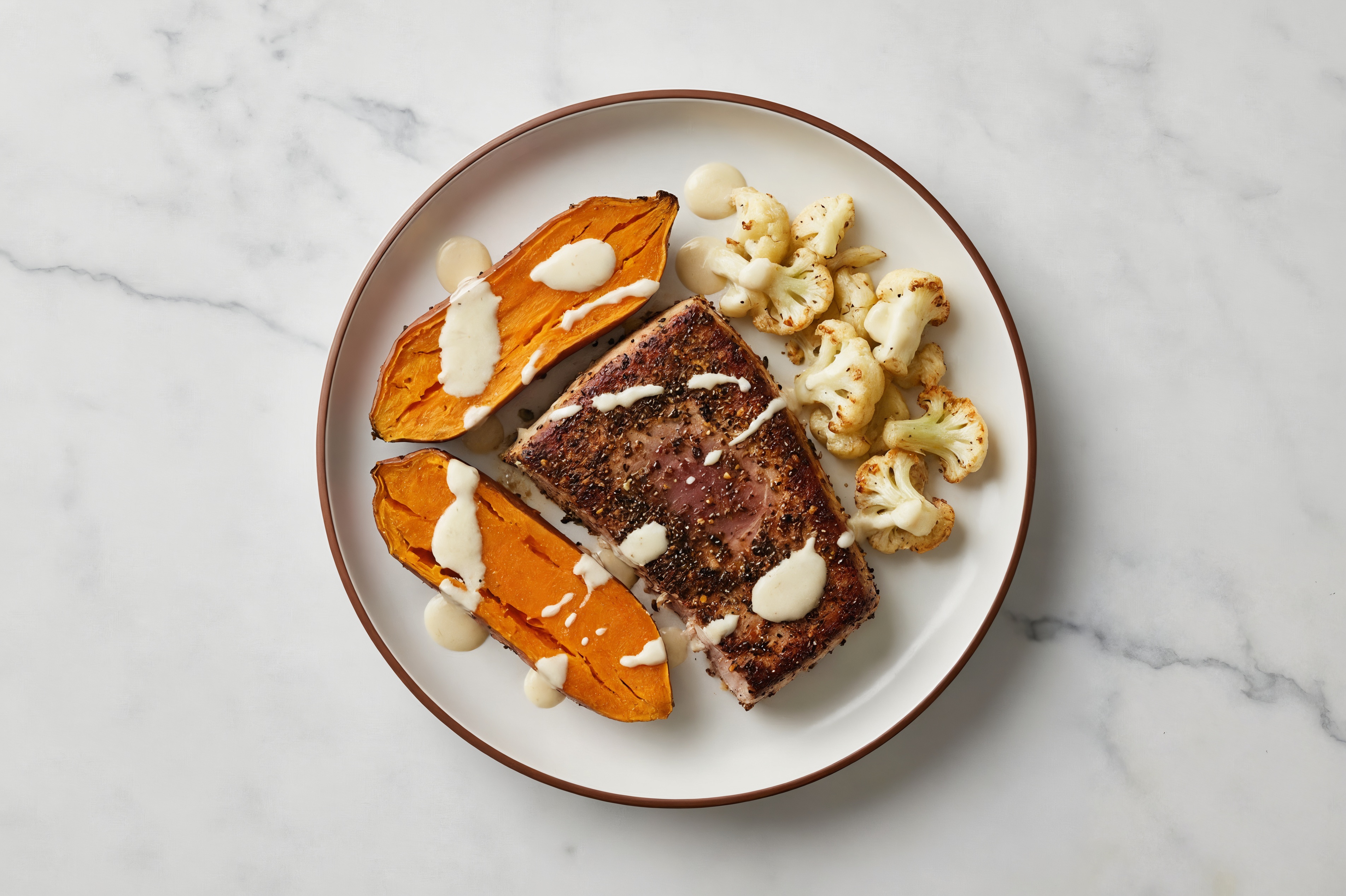 Blackened Tuna Steaks + Creamy Garlic Veggies