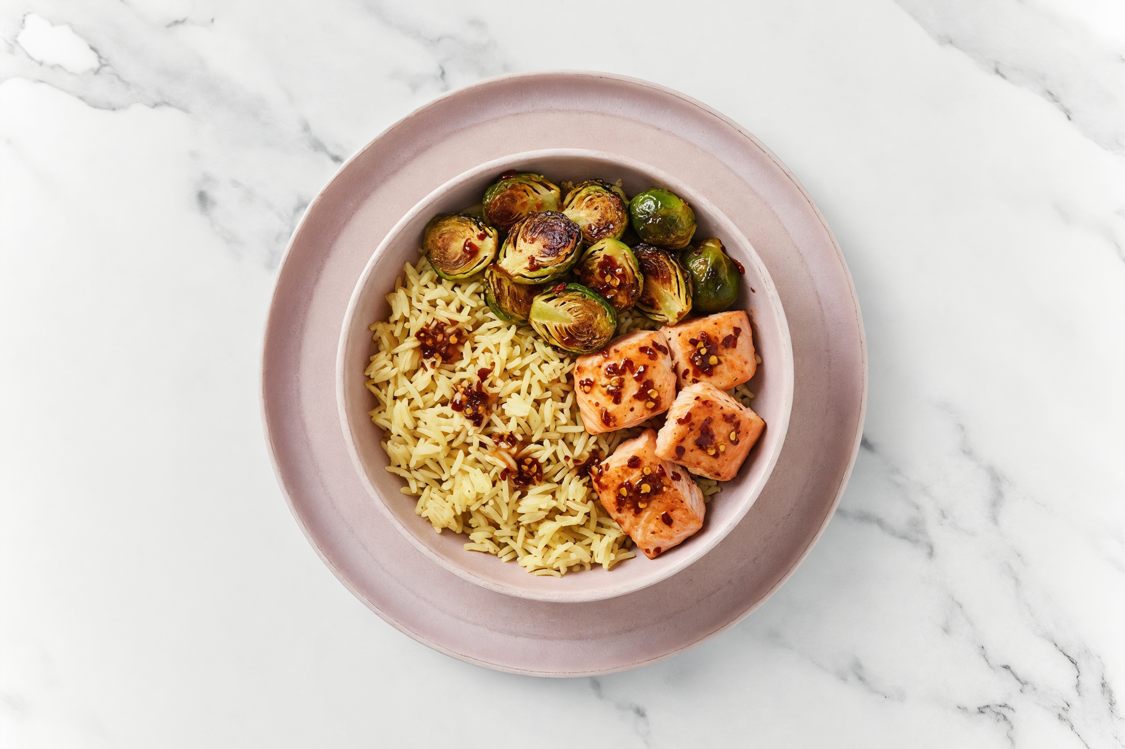 Air Fryer Chili Crisp Salmon + Brussels with Seasoned Jasmine Rice