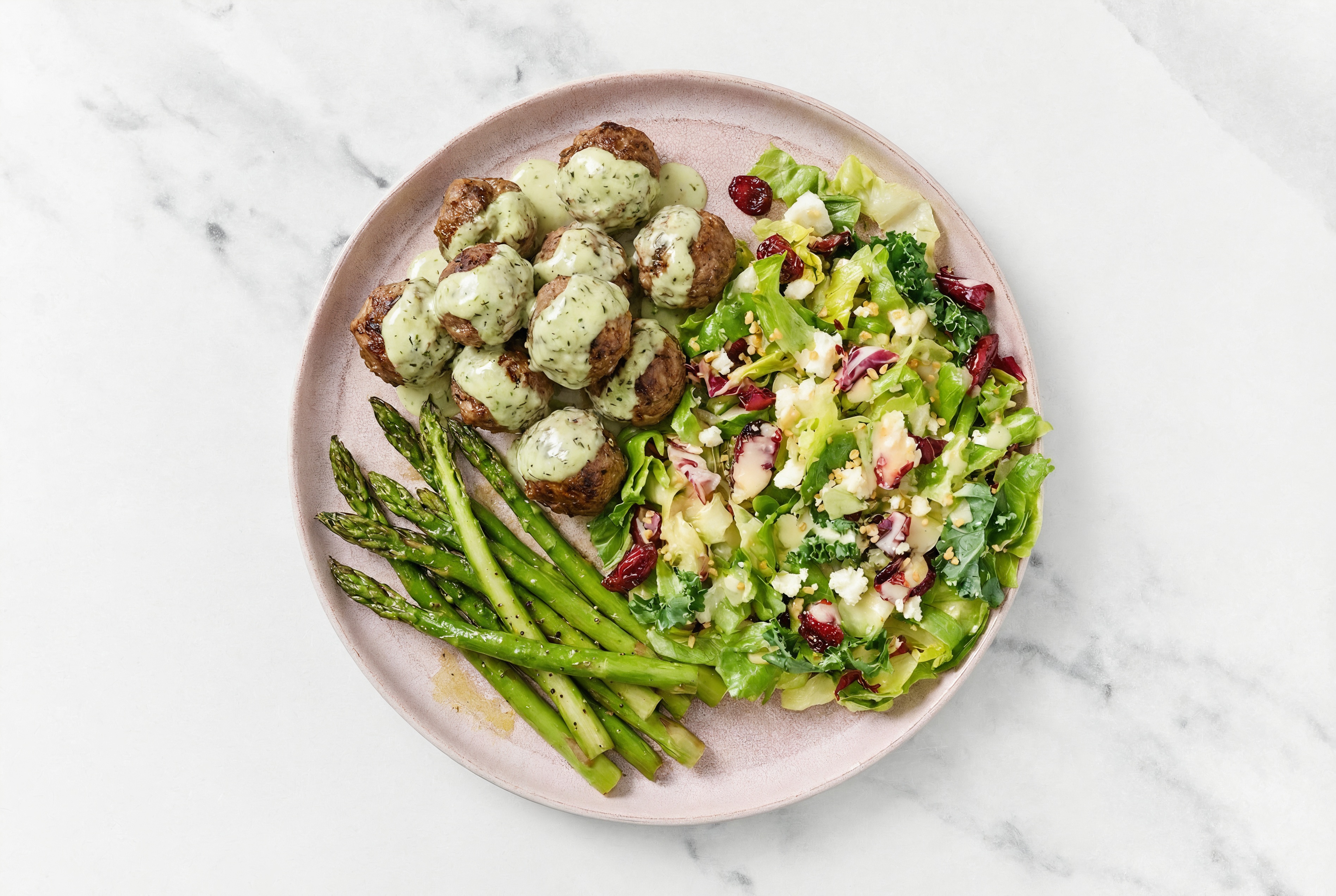 Jalapeño Baked Lamb Meatballs & Asparagus with Honey Citrus Salad