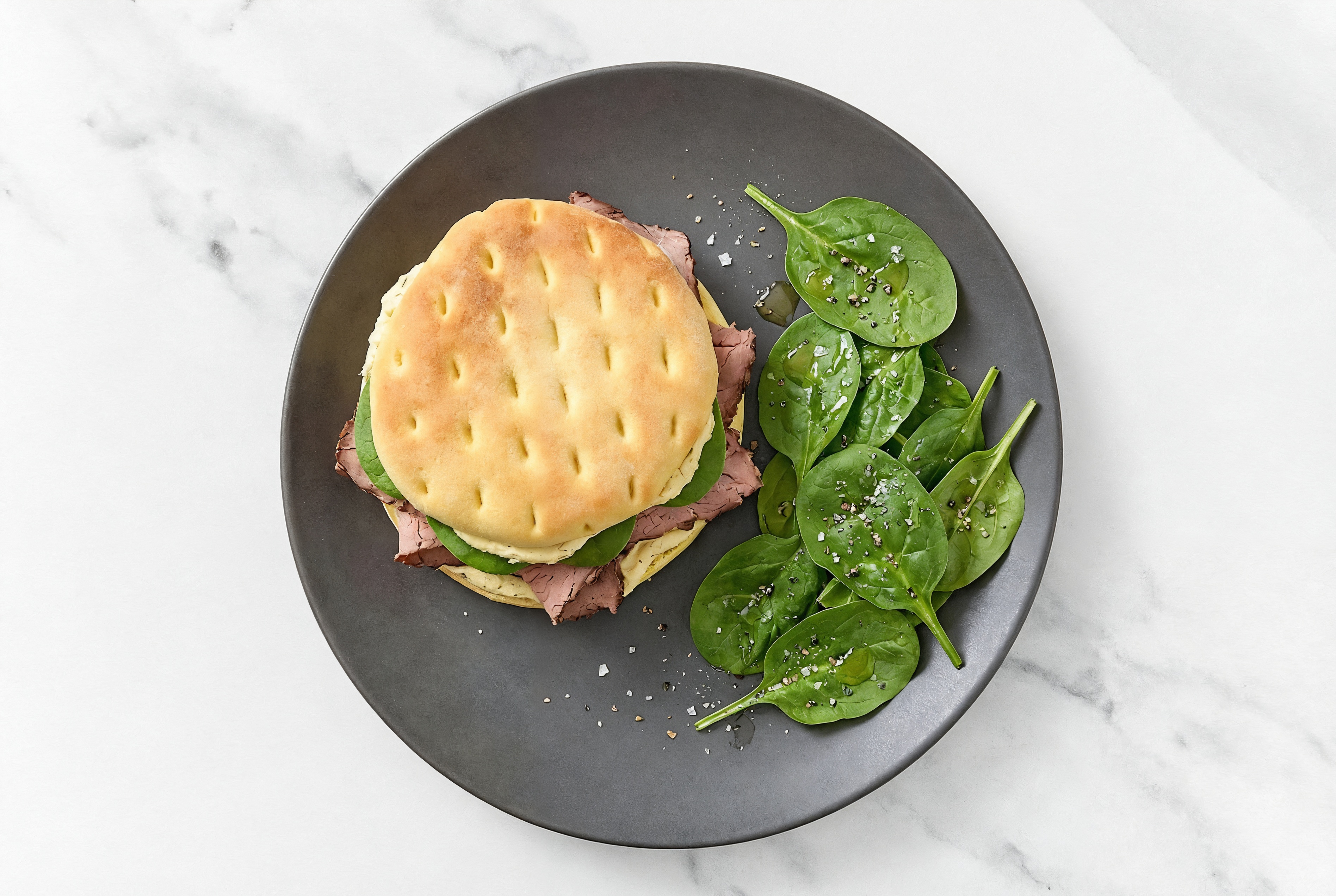 Herby Lemony Hummus Roast Beef Sandwich with Baby Spinach