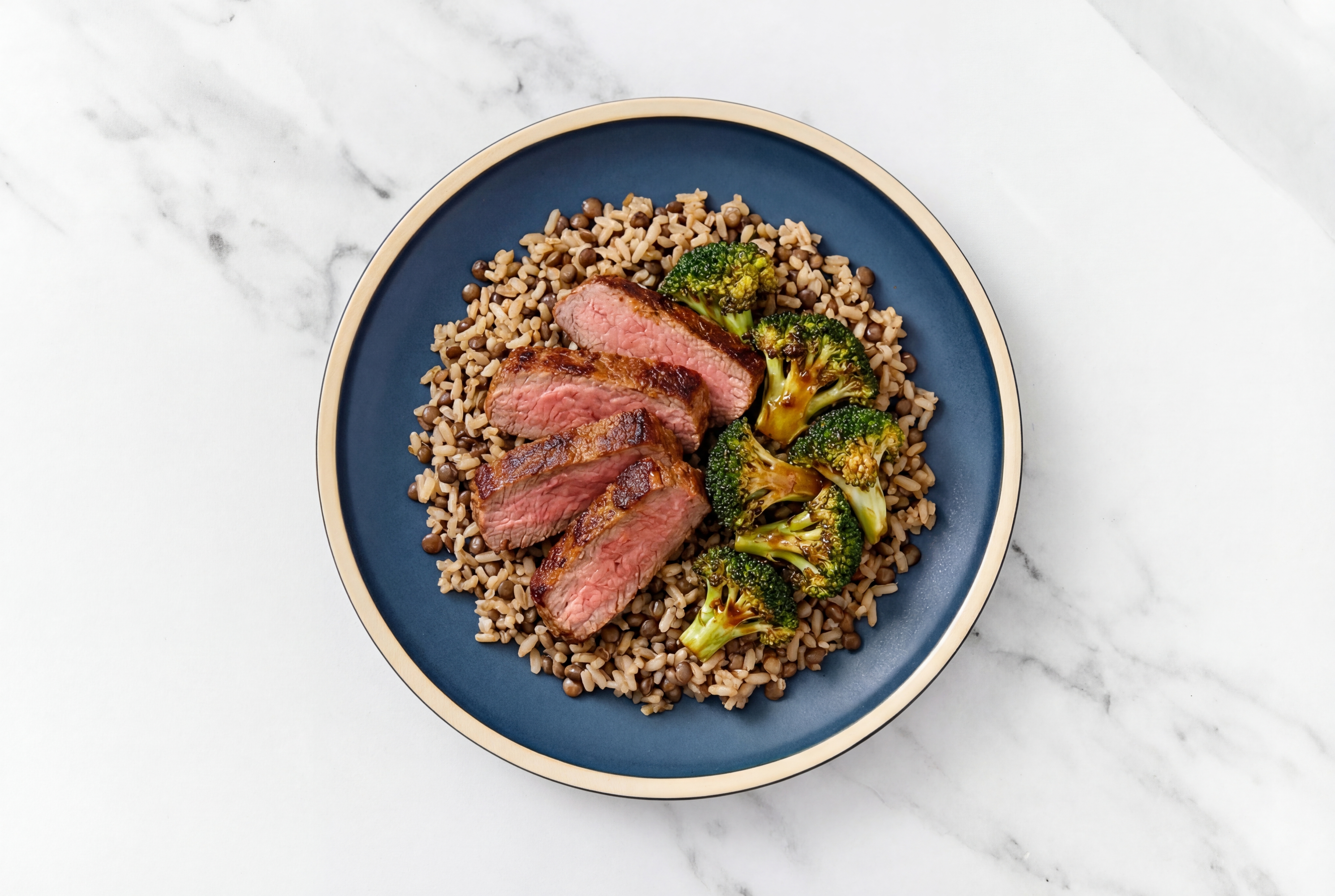 Sesame Ginger Adobo Marinated Flank Steak Grain Bowl with Organic Broccoli