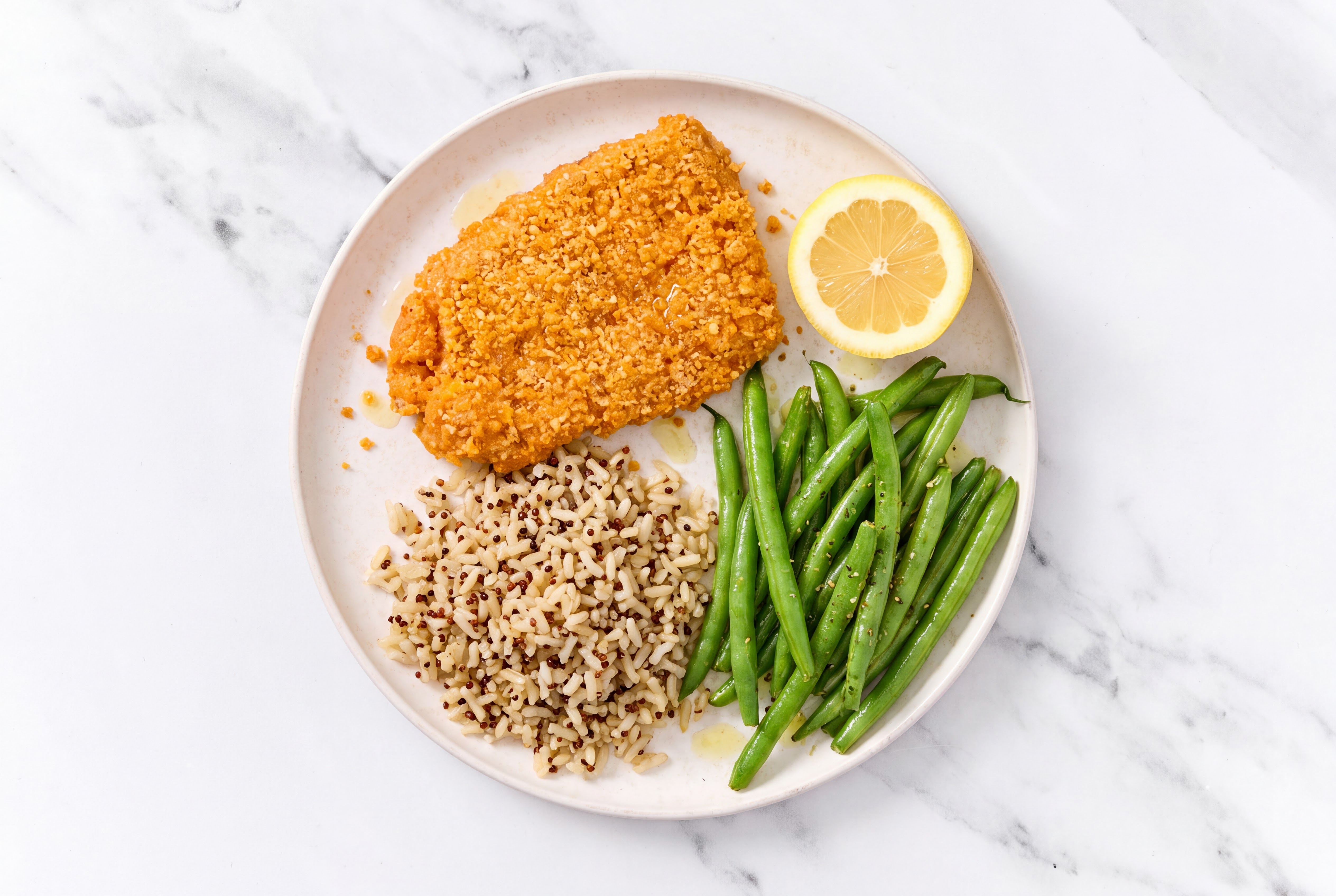Lemon Hot Honey Breaded Chicken Cutlet with Organic Green Beans & Brown Rice