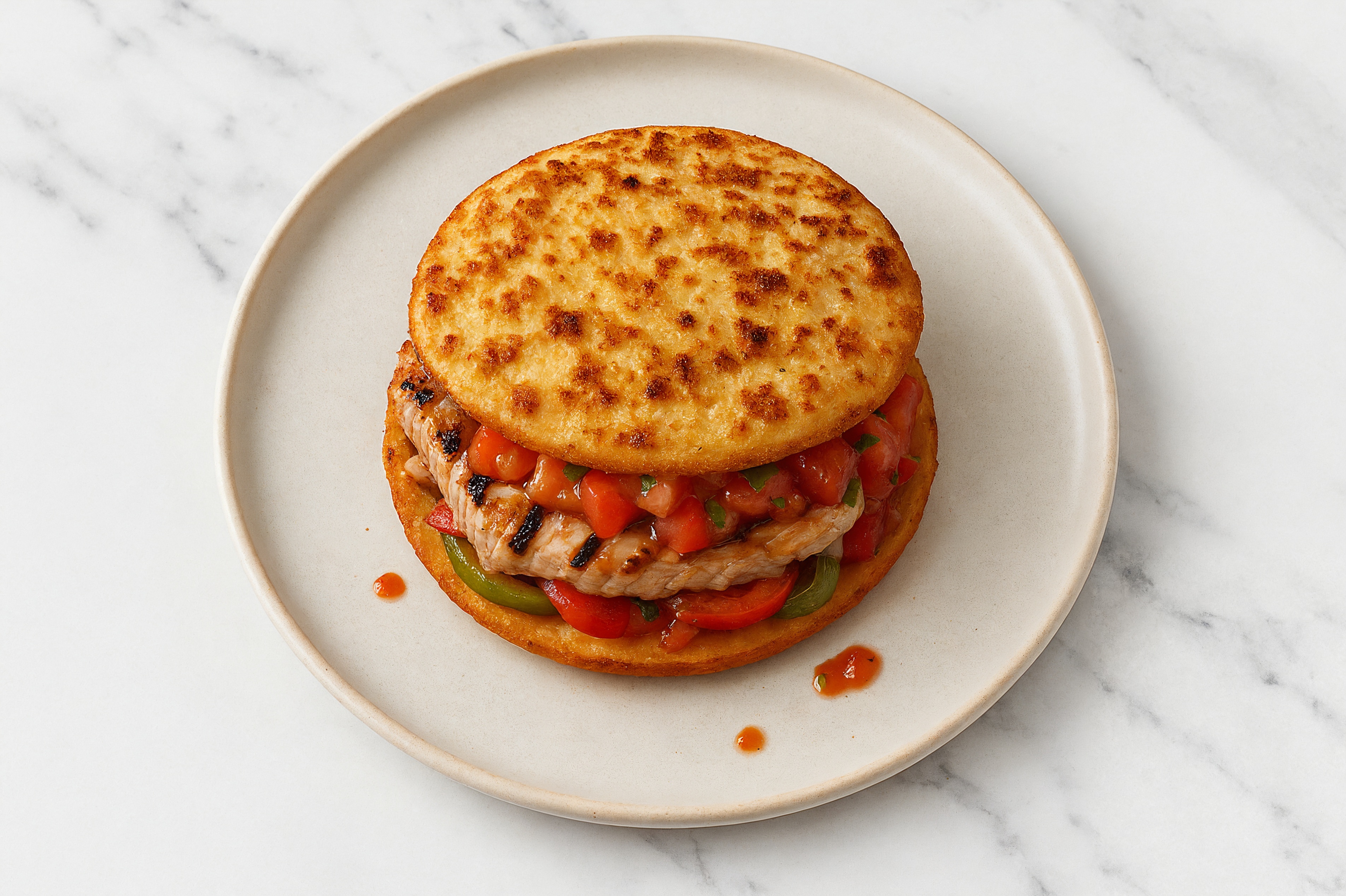 Mexican Grilled Pork Sandwich with Peppers + Onion on Cauliflower Rounds
