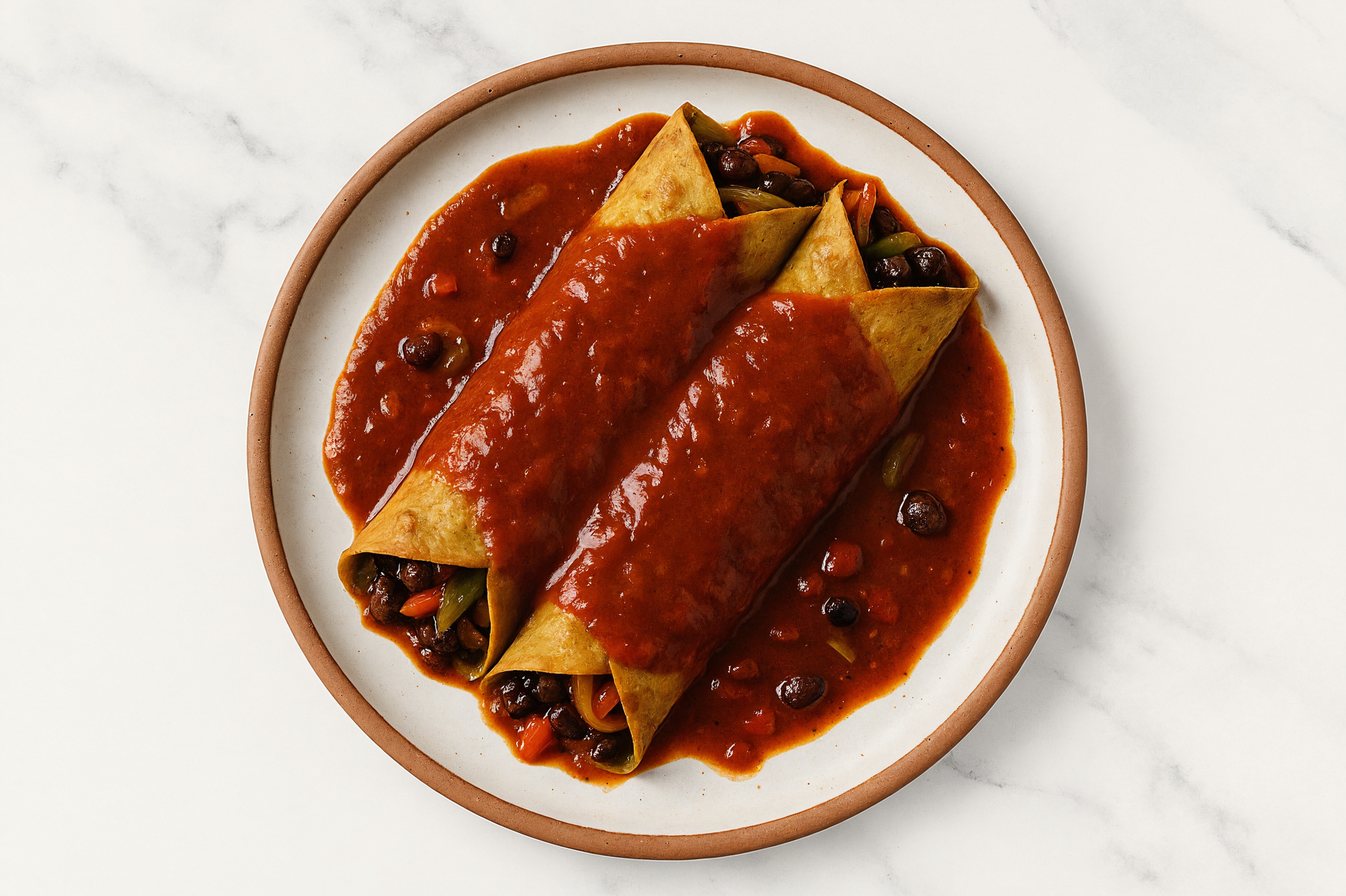 Savory Cuban Spiced Black Beans Bean + Veggie Enchiladas Rojas