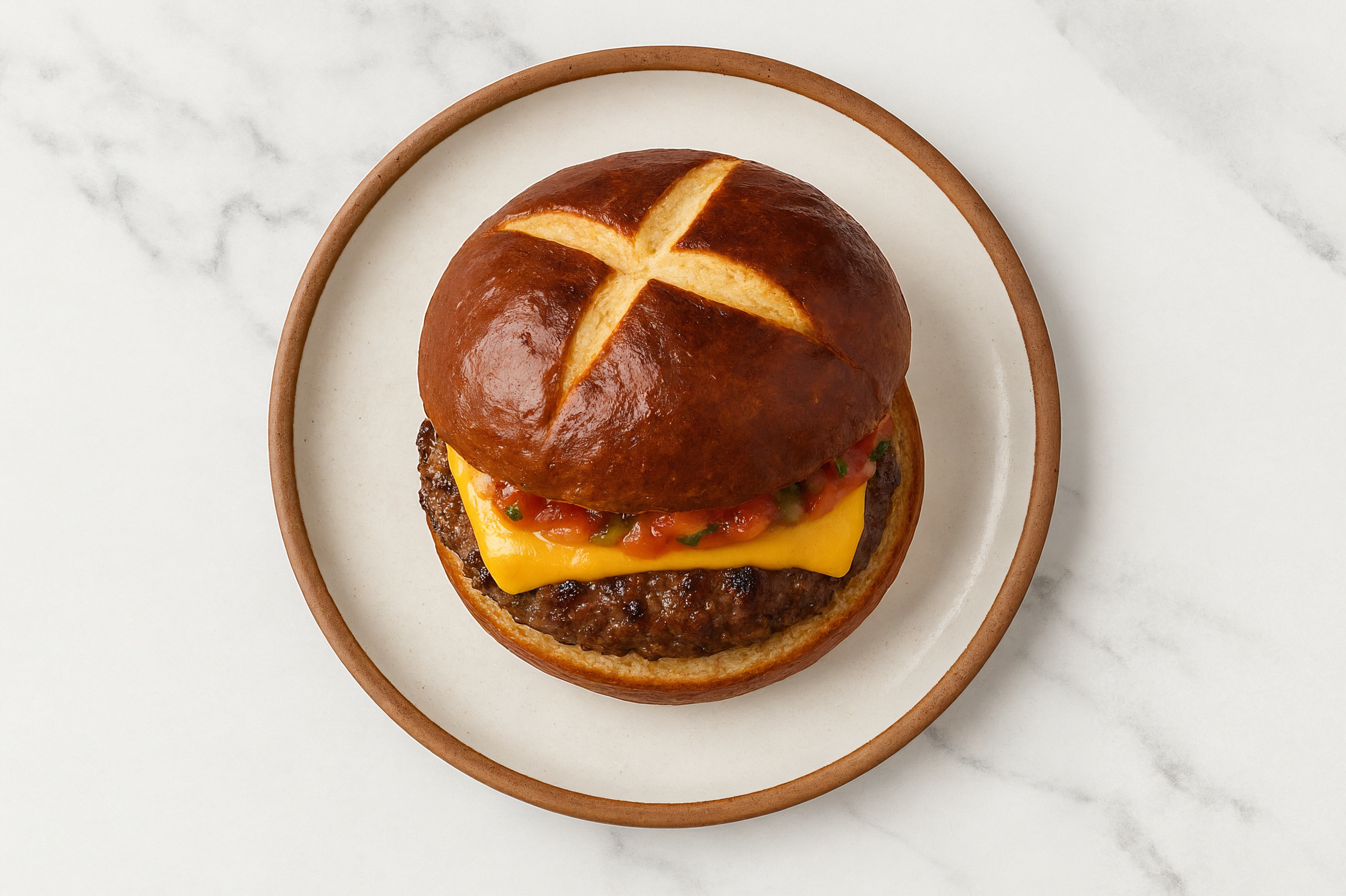 Lamb Burger on Pretzel with Salsa & American