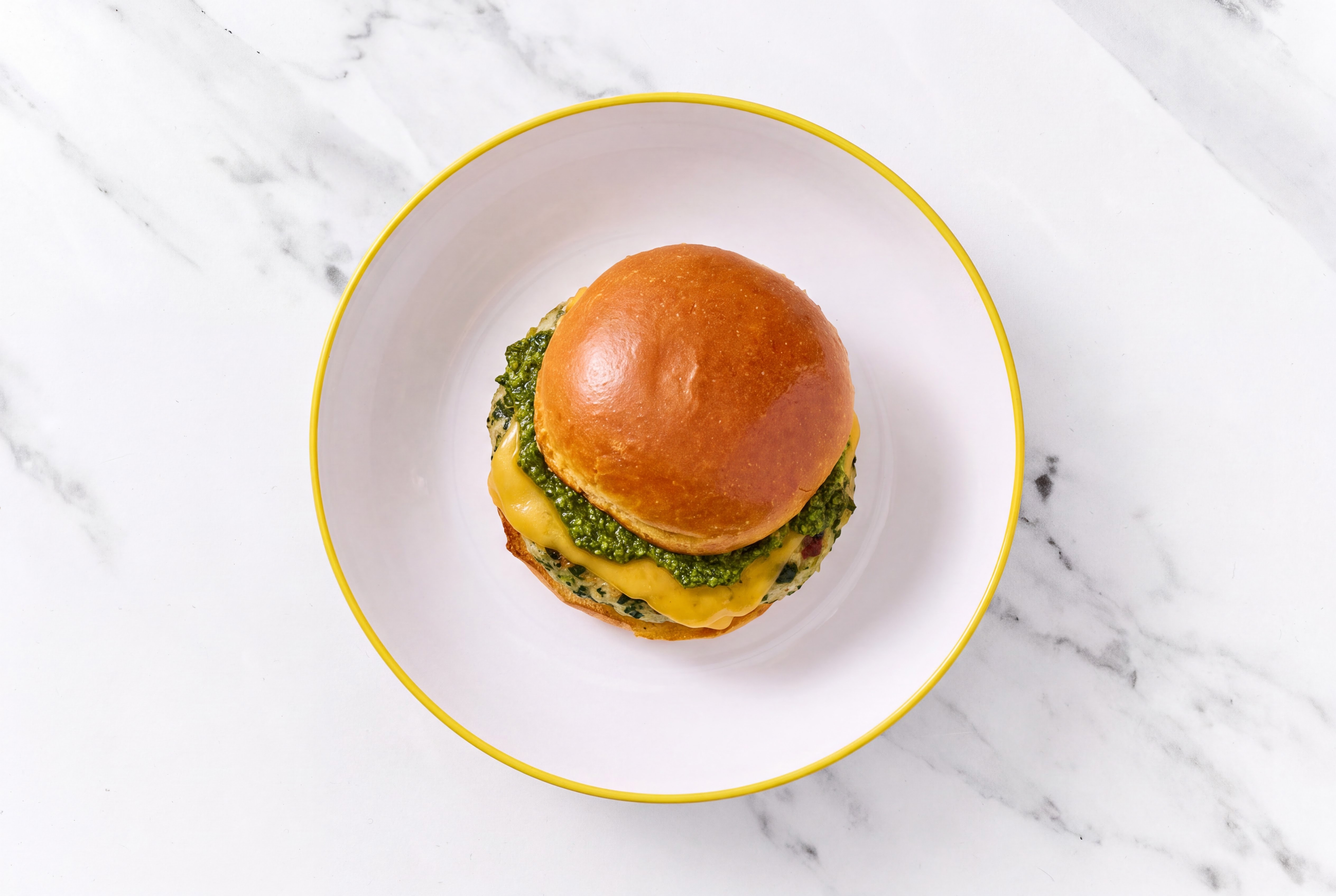 Garlic Turkey Burger Buns on Brioche with Spinach Pesto & Cheddar