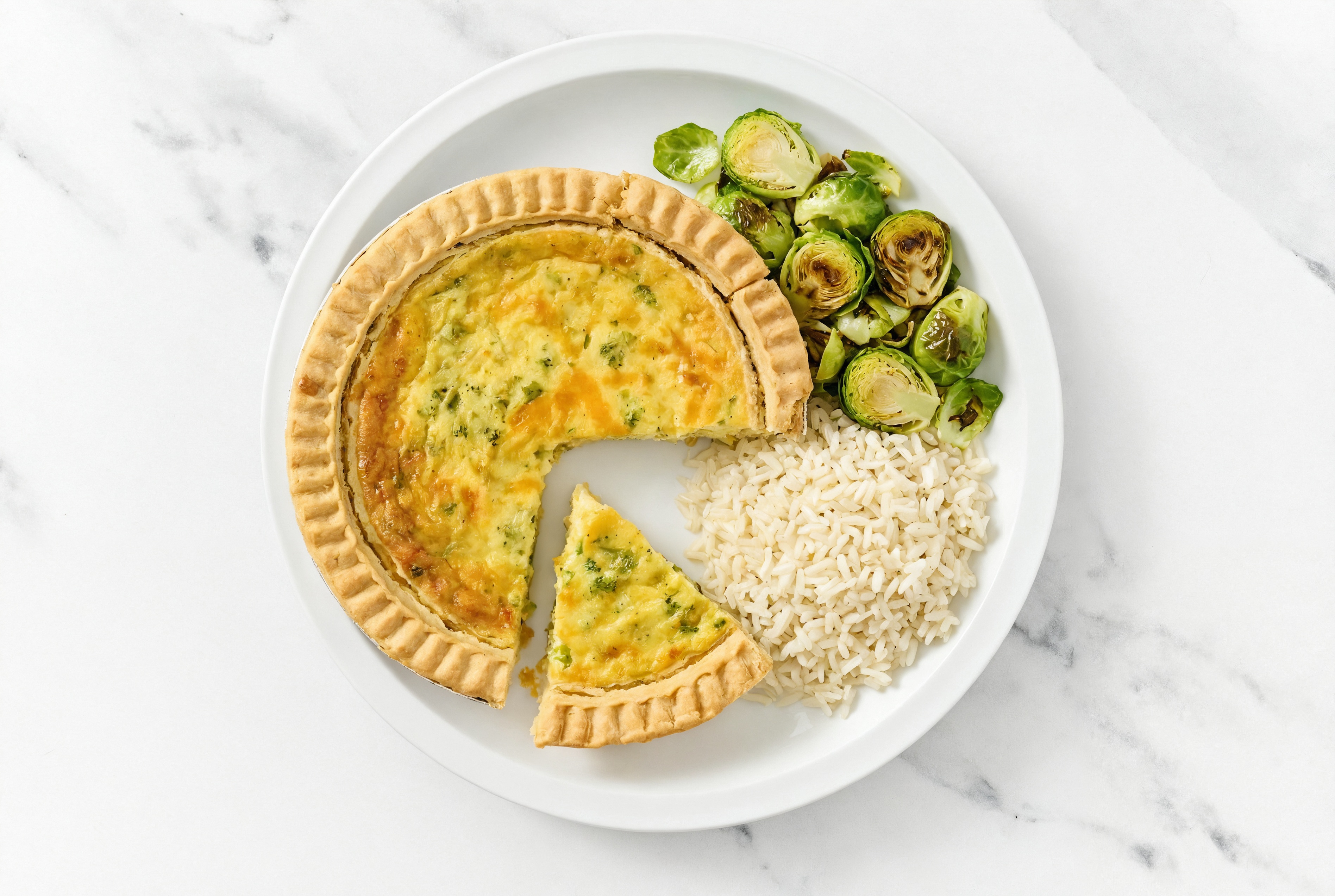 Broccoli & Cheddar Quiche with Brussels & White Rice