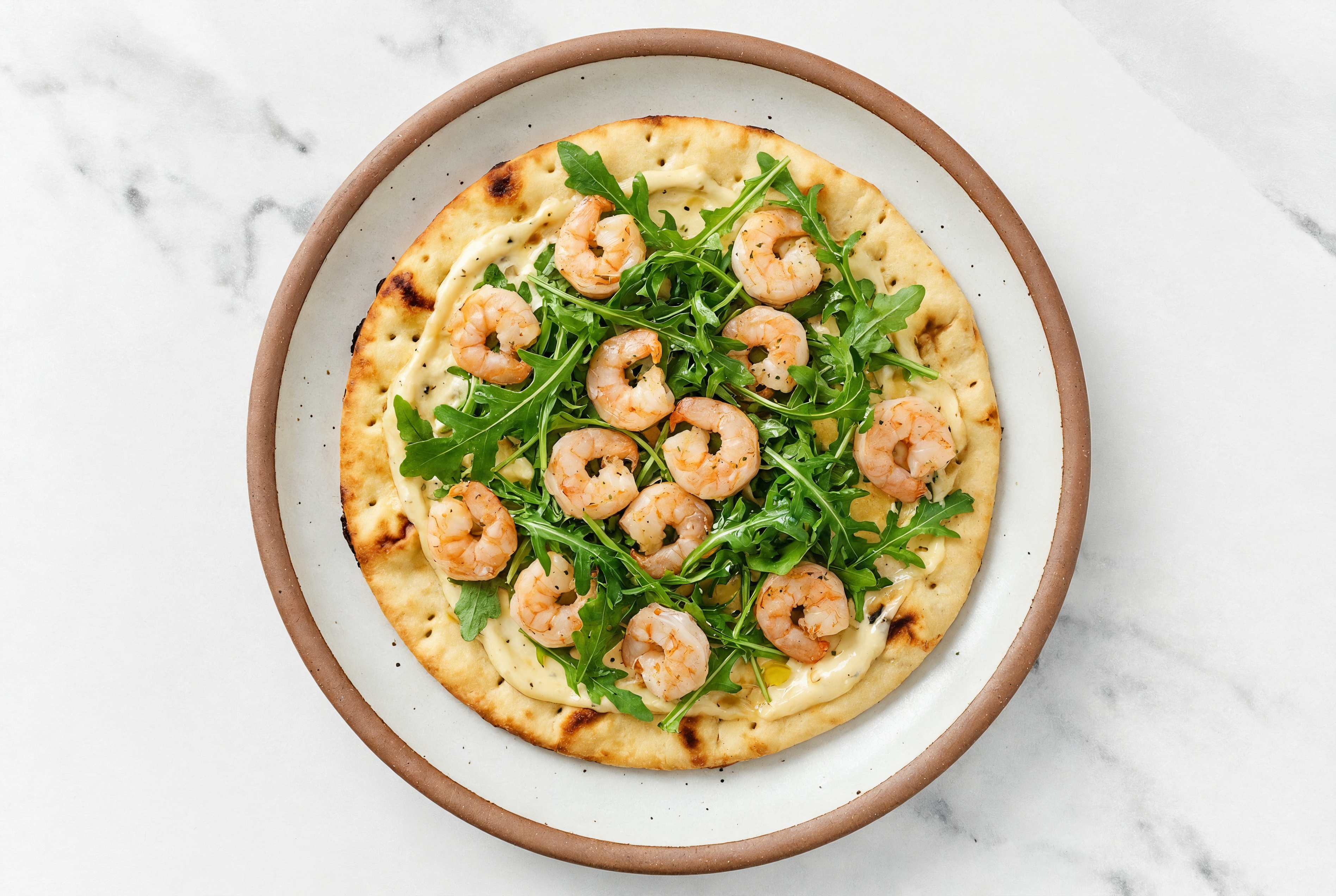 Garlicky Shrimp + Arugula Flatbread