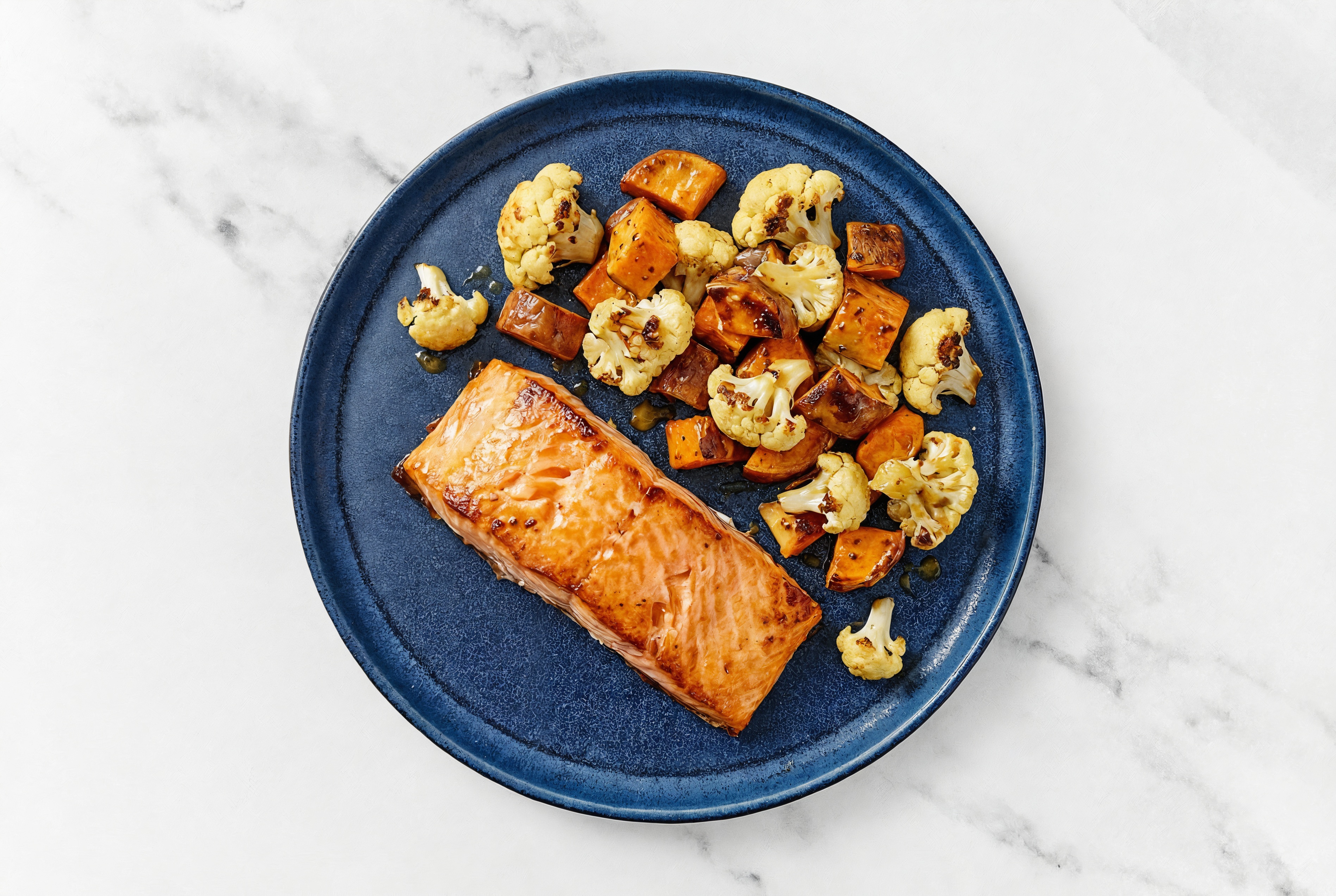 Sheet Pan Honey Mustard-Salmon with Sweet Potatoes & Cauliflower