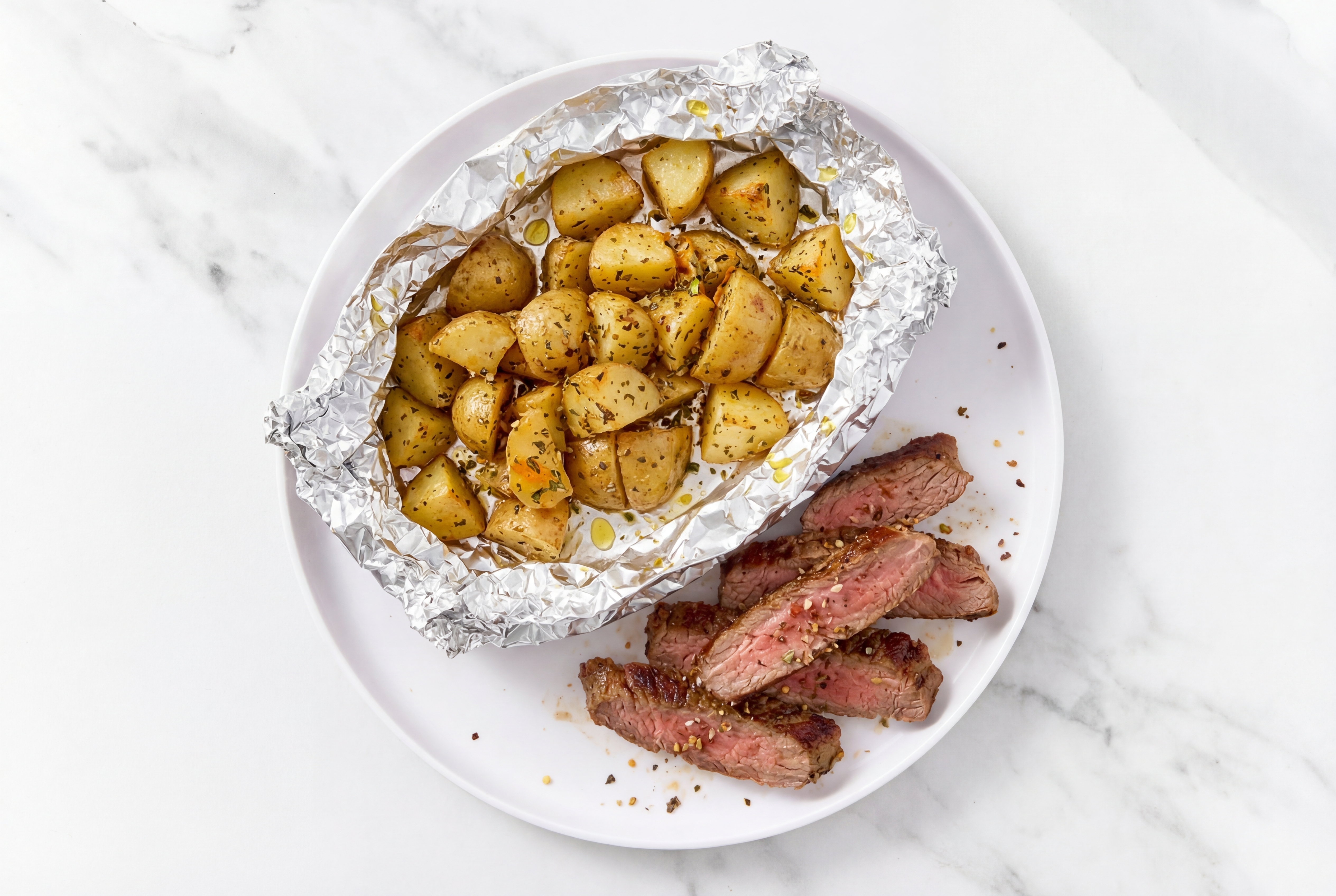 Seared Rosemary Garlic Beef Flank Steak + Easy-Cleanup Garlicky Potatoes
