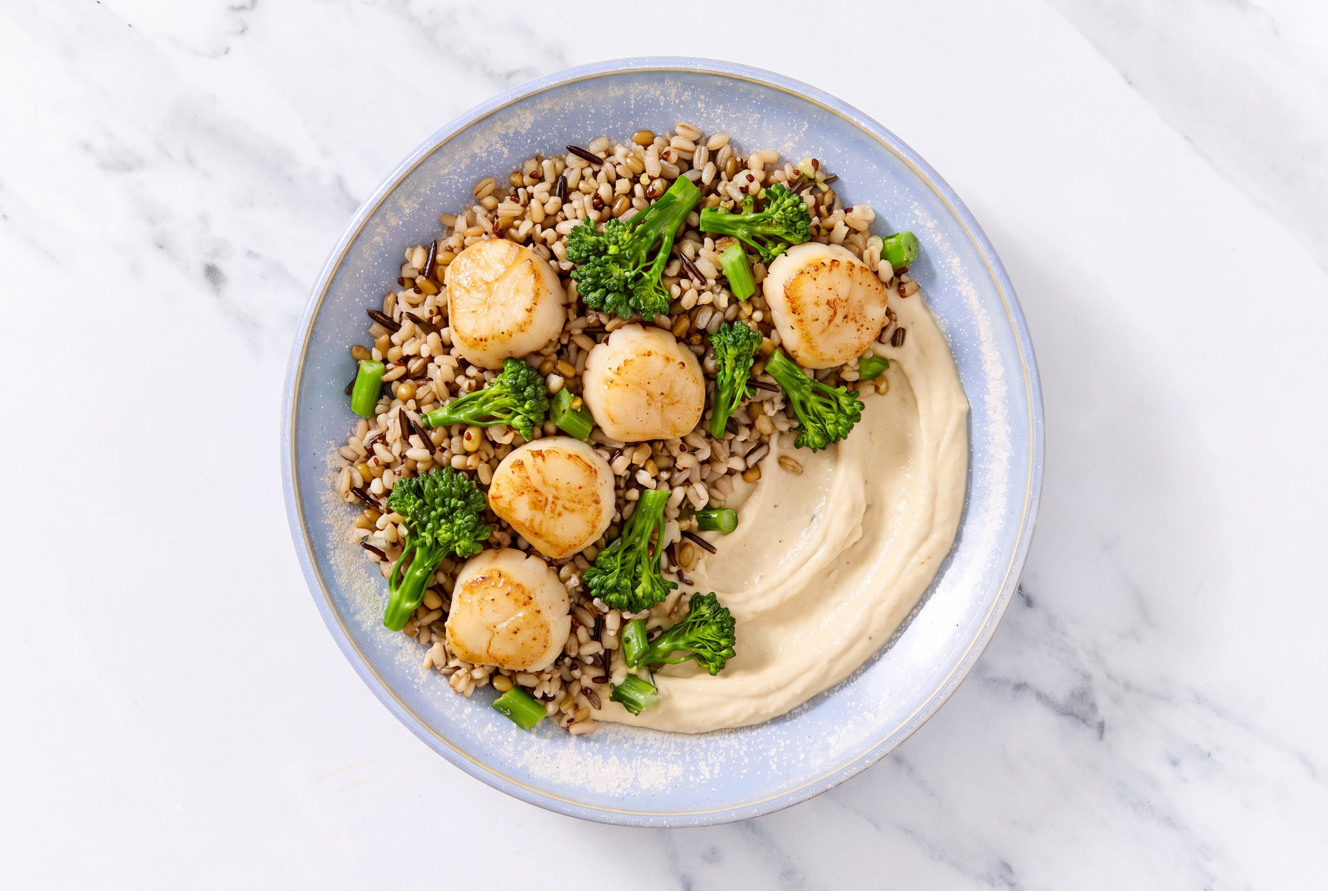 Scallop & Baby Broccoli Grain Bowl with Onion Hummus