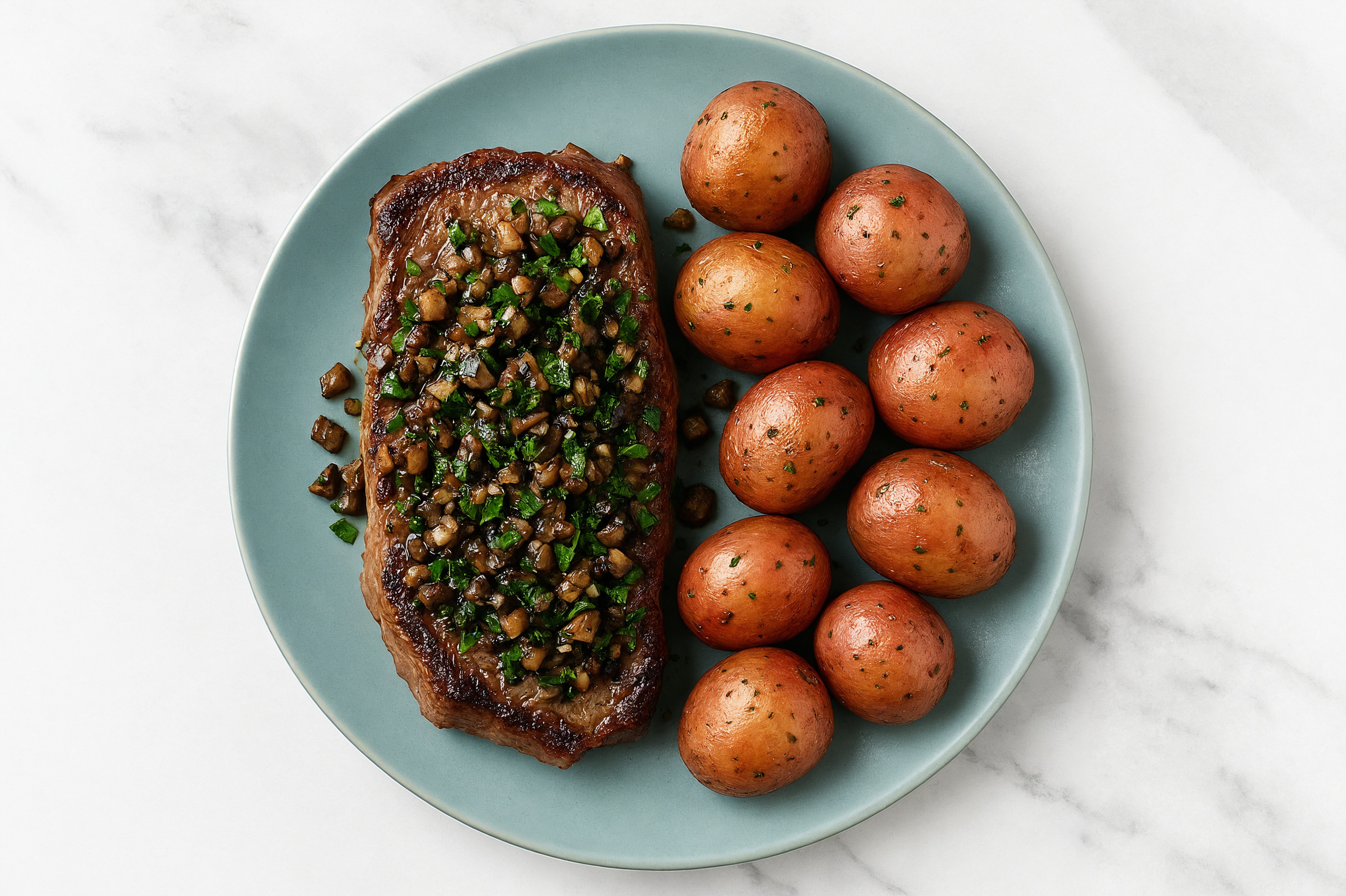 Seared Wagyu Strip Steak + Herby Mushrooms