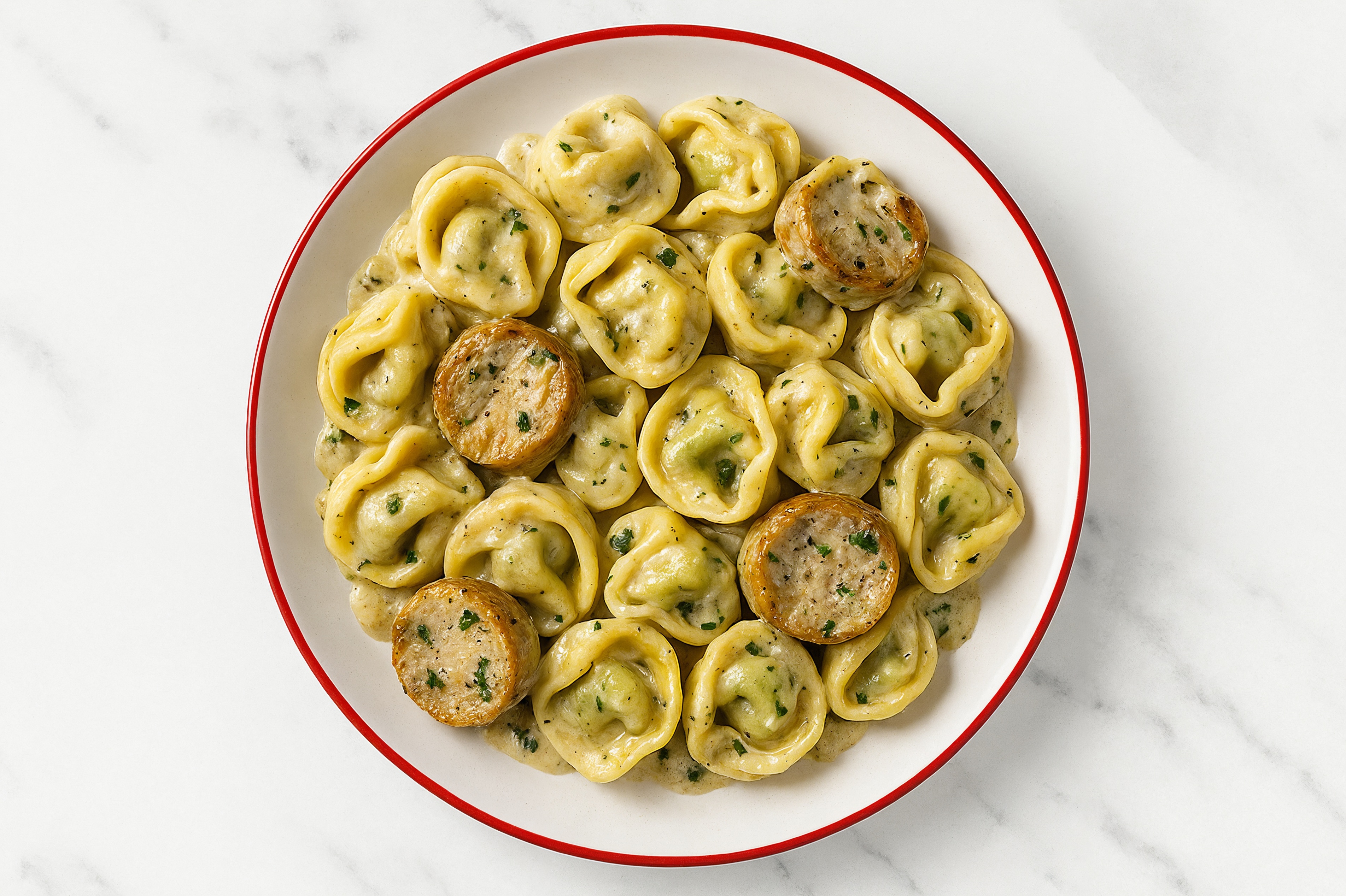 Truffle Tortellini with Garlicky Chicken Sausage