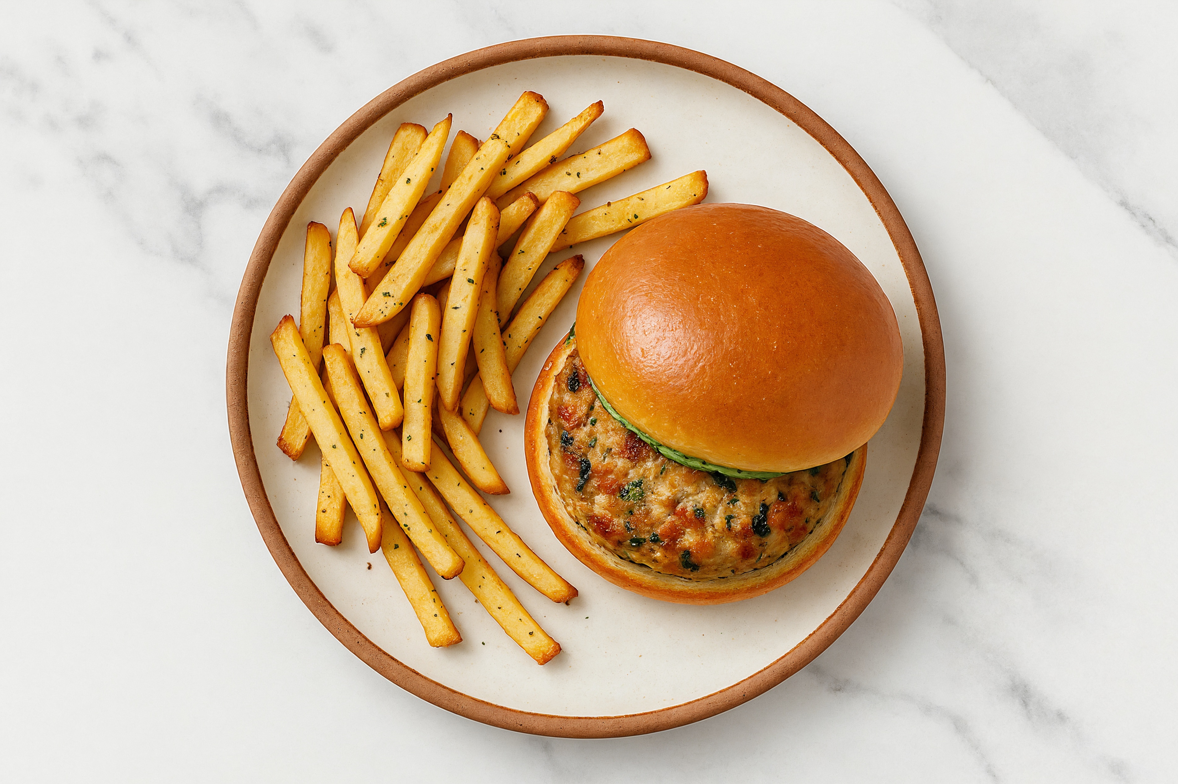 Creamy Basil Bruschetta Chicken Burger + Pizza Fries