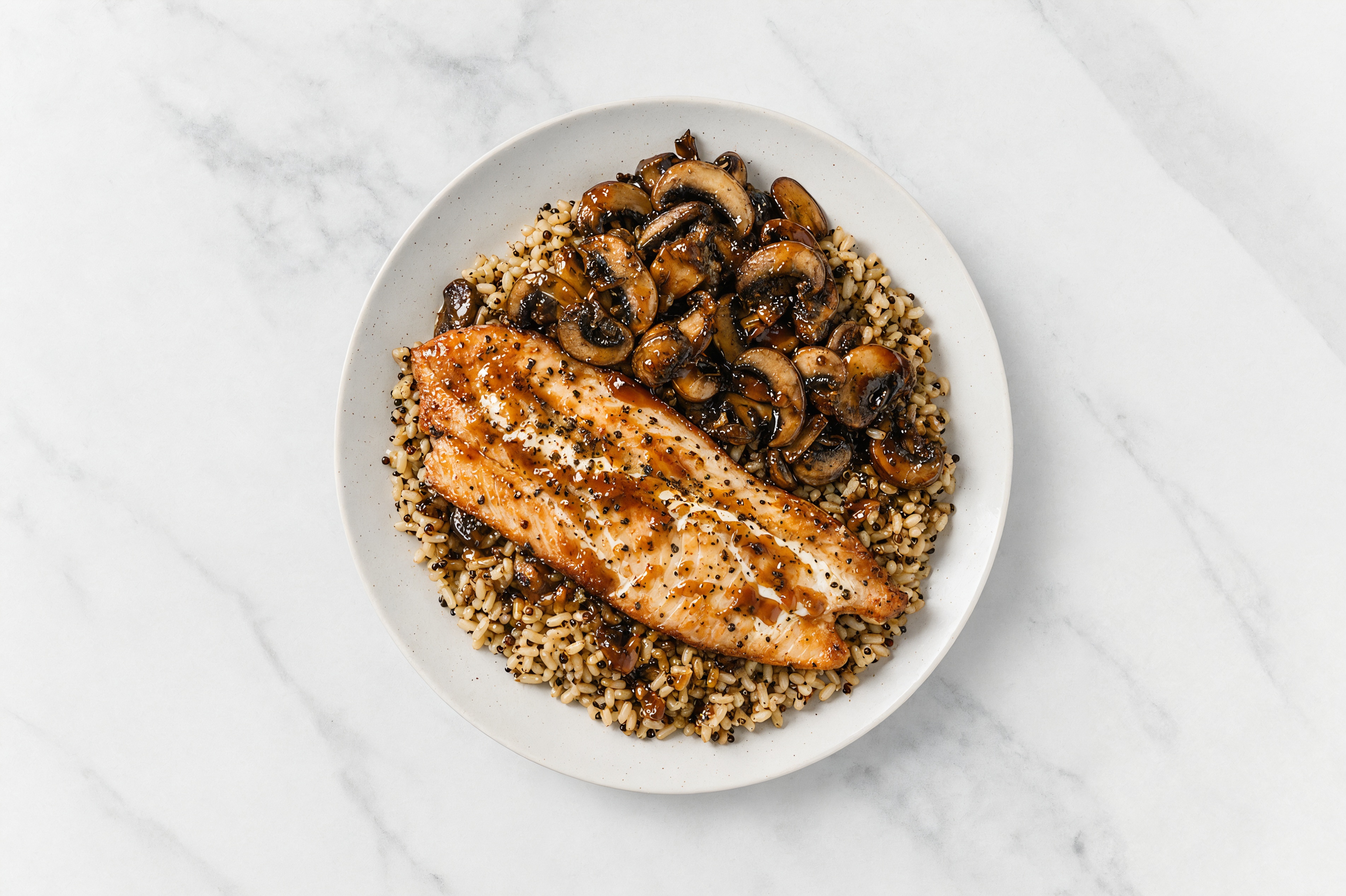 Sweet Teriyaki Trout + Quinoa Bowl with Bella Mushrooms