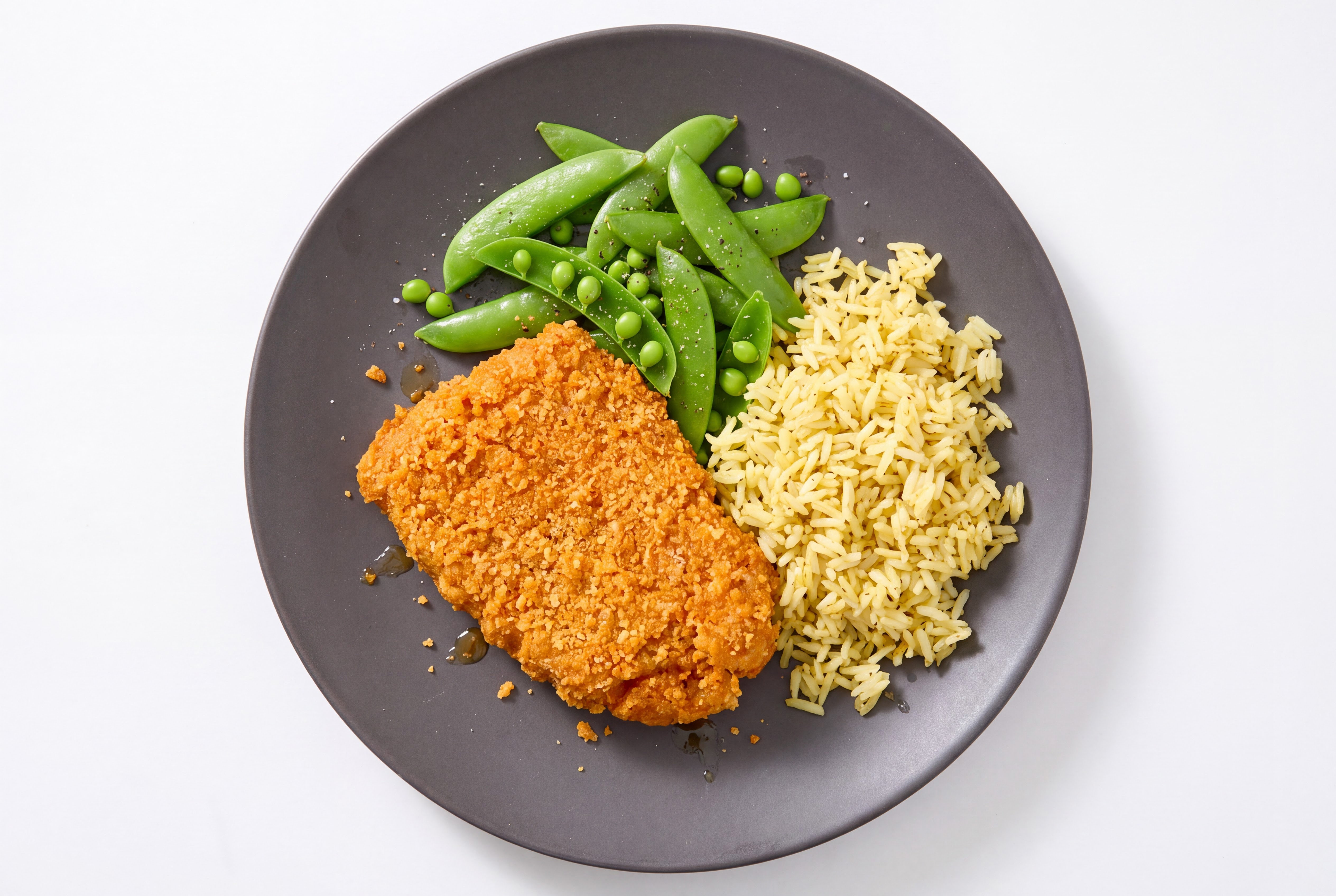 Hot Honey Breaded Chicken Cutlet with Snap Peas & Jasmine Rice