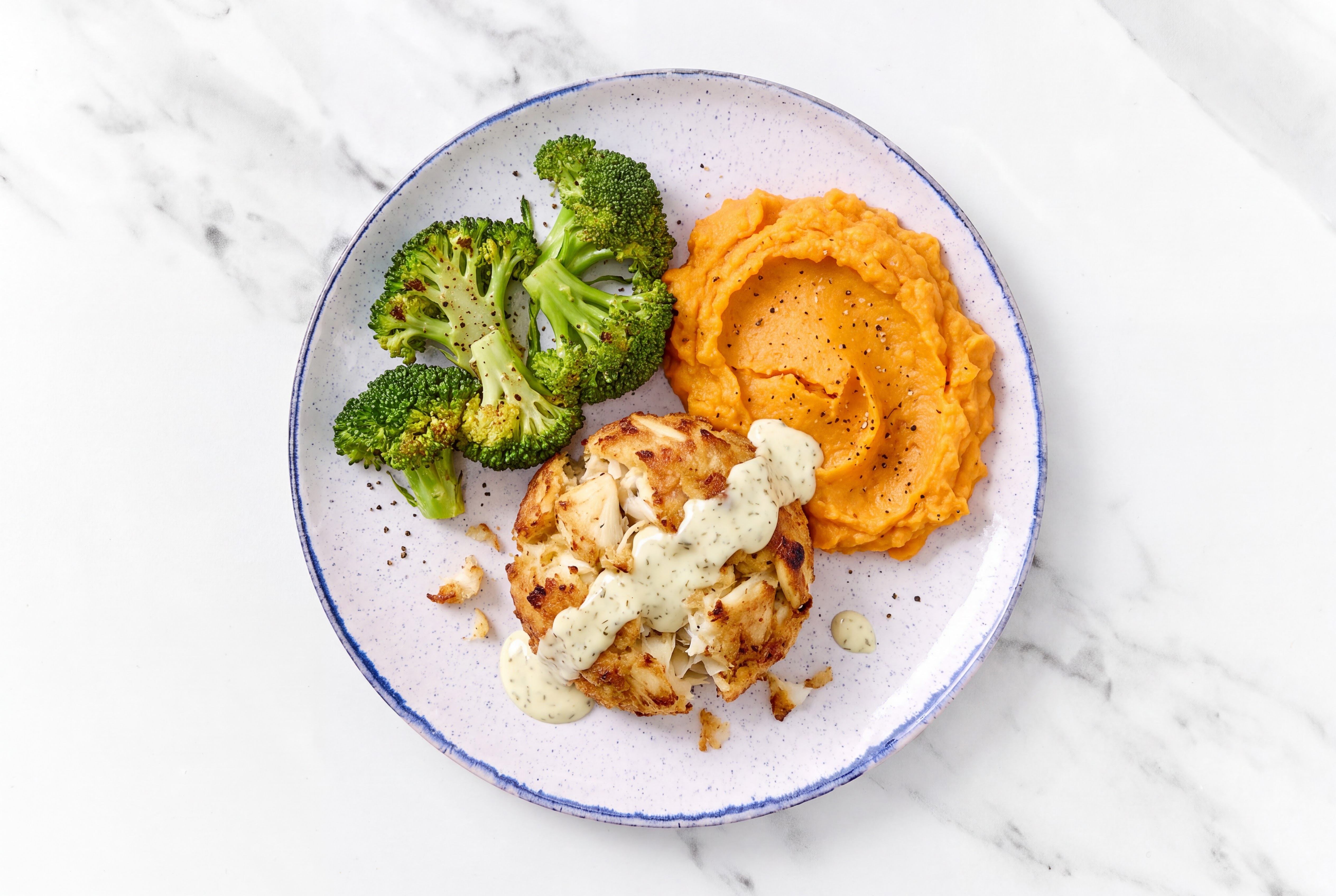 Dill Jumbo Lump Crab Cakes with Sweet Potato Mash