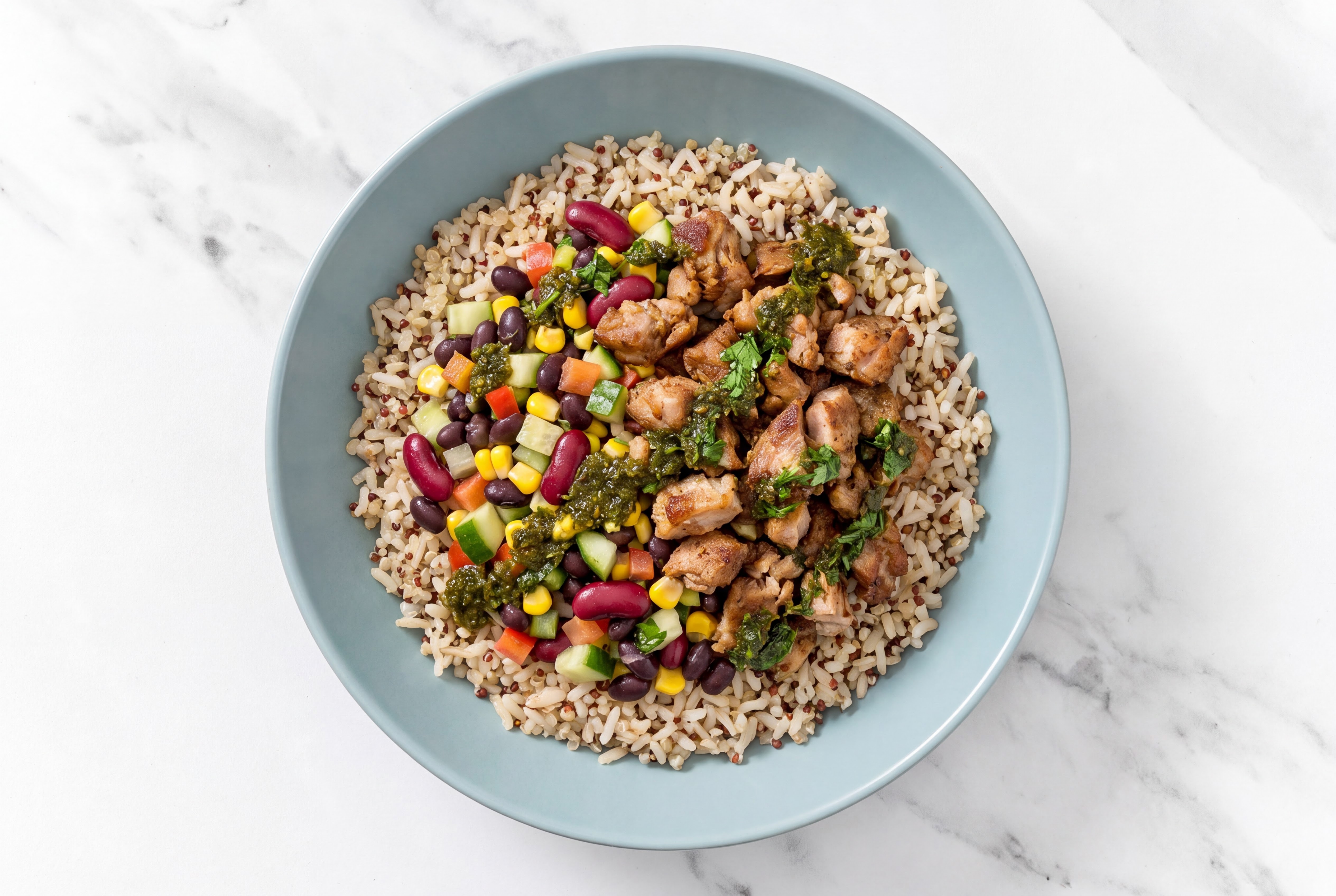 Carnitas Grain Bowl with Bean Salad & Zhoug with Brown Rice Quinoa Blend