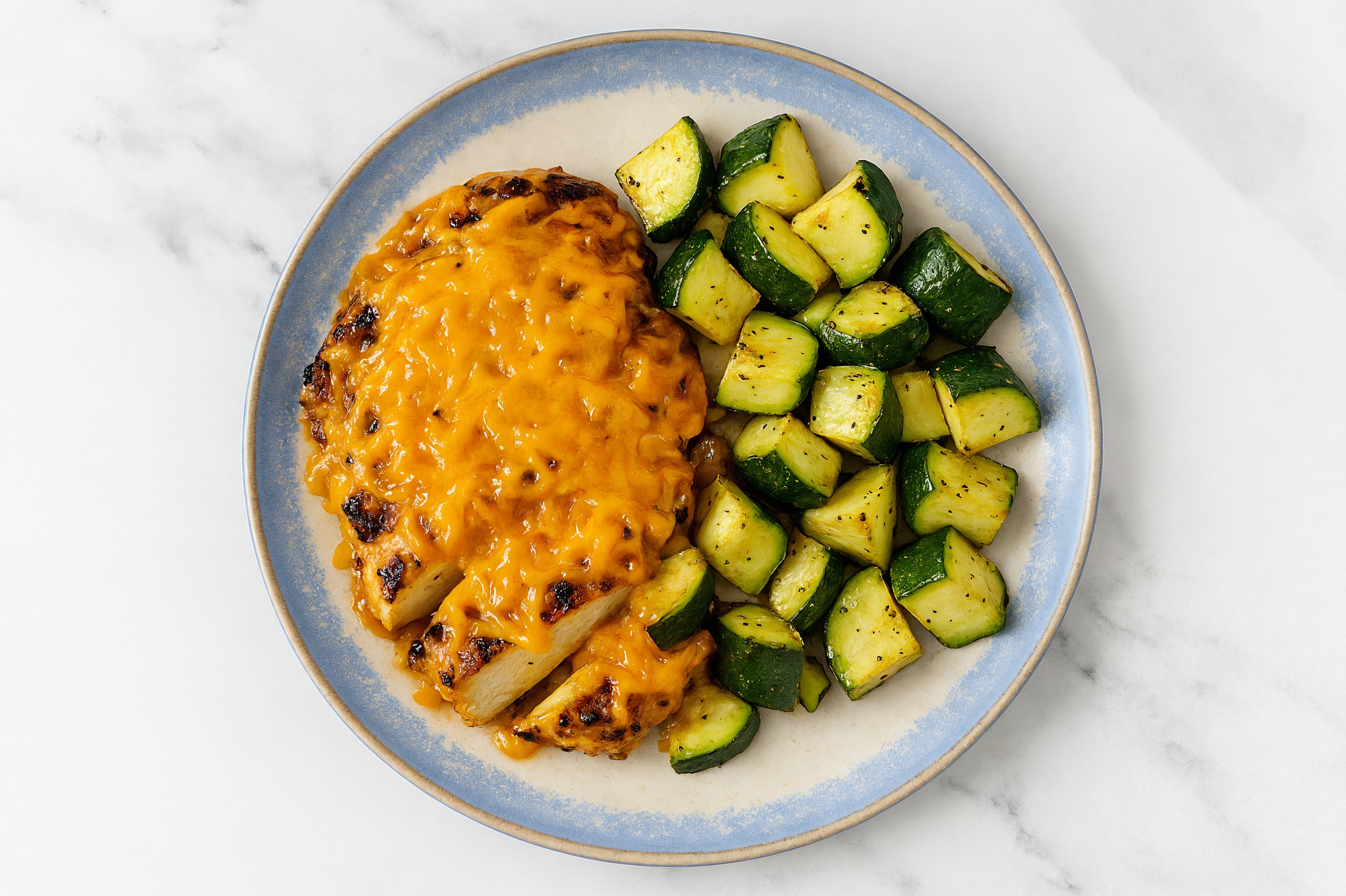 Cheesy Mediterranean Grilled Chicken Breast + Zucchini Dolloped with Creamy Smoky BBQ