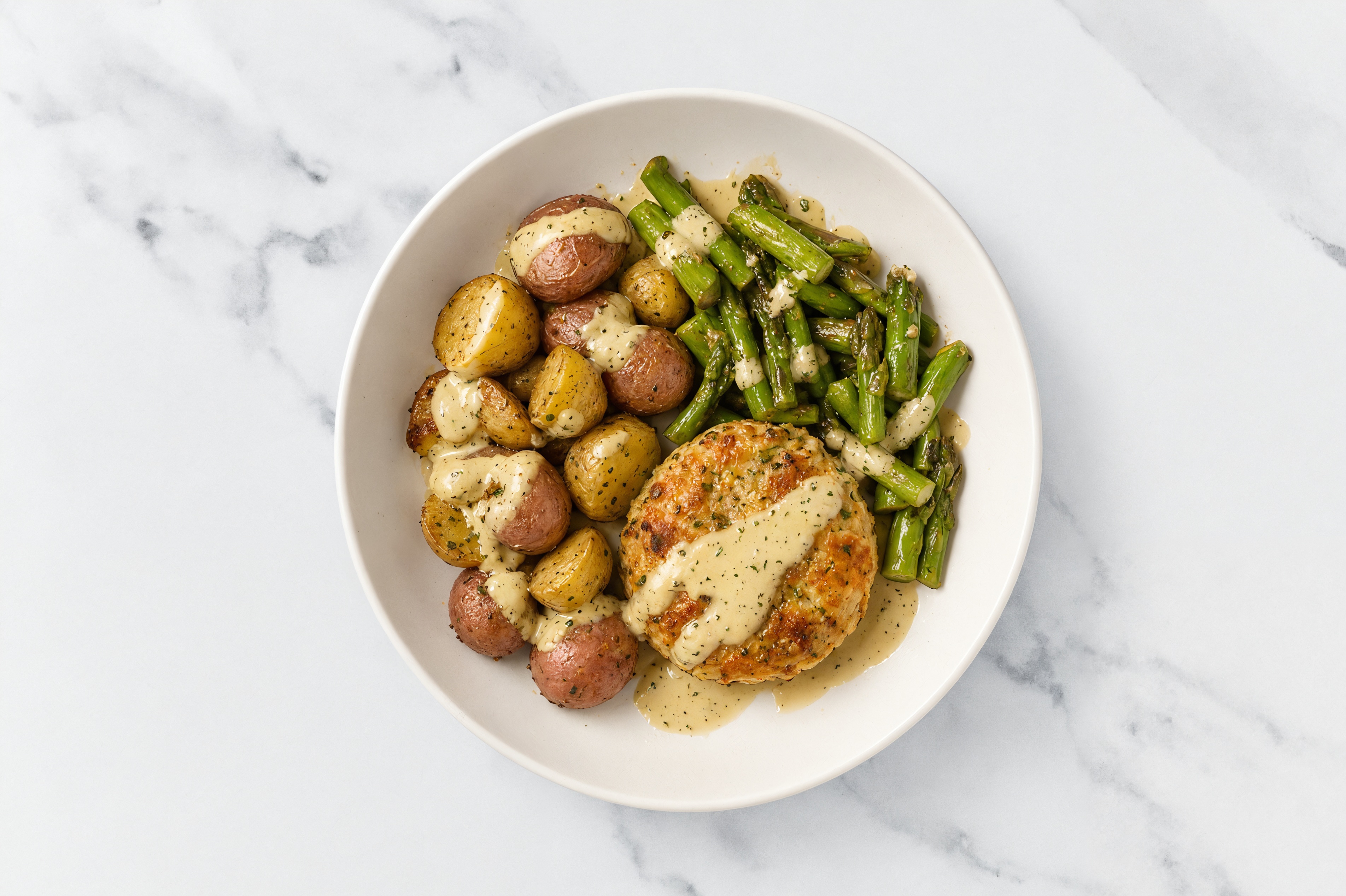 Creamy Snow Crab Cakes Cake + Asparagus Veggie Bowl