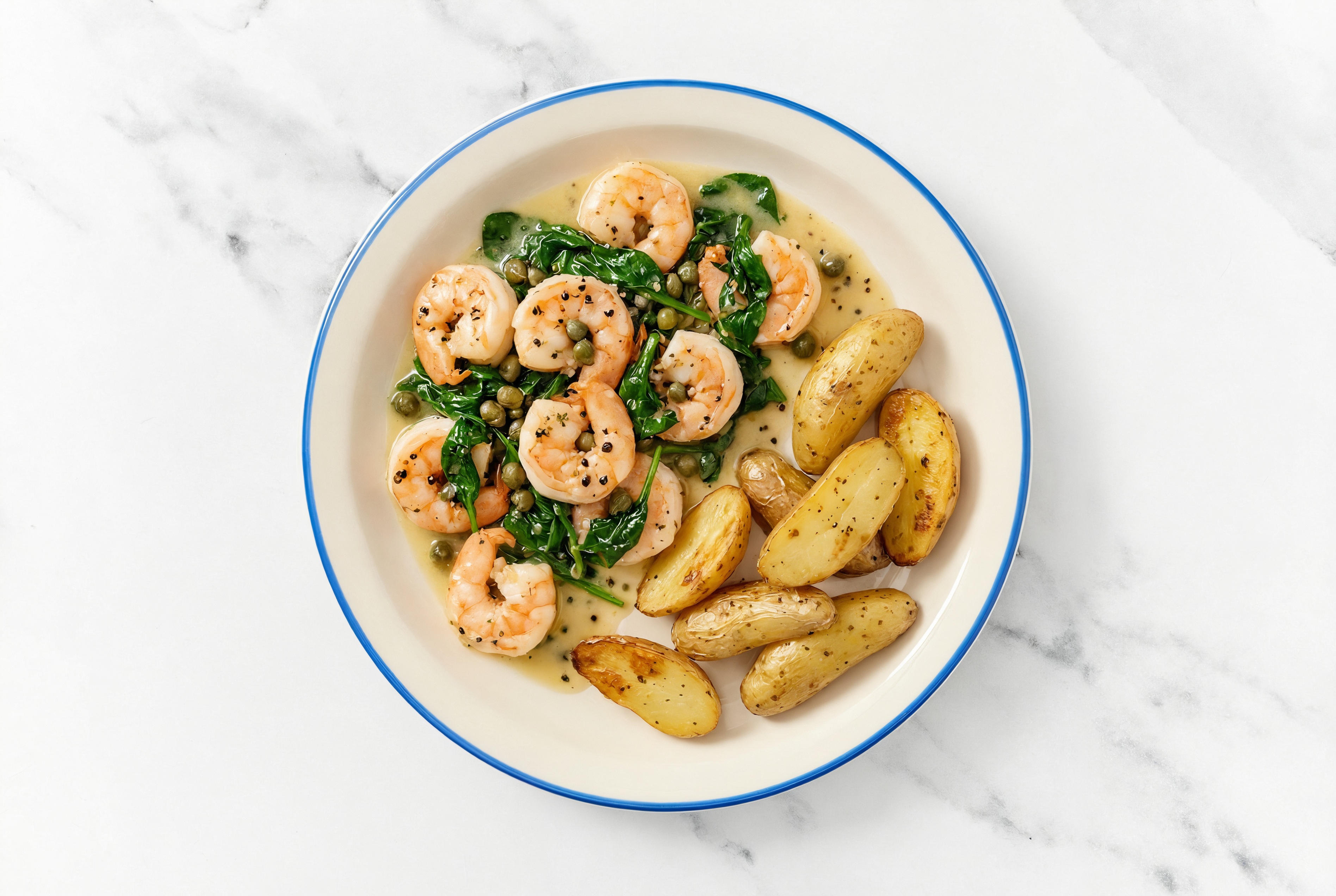 Caper-Slow Churned Lemon & Peppercorn Pasture Butter Shrimp with Fingerling Potatoes & Spinach