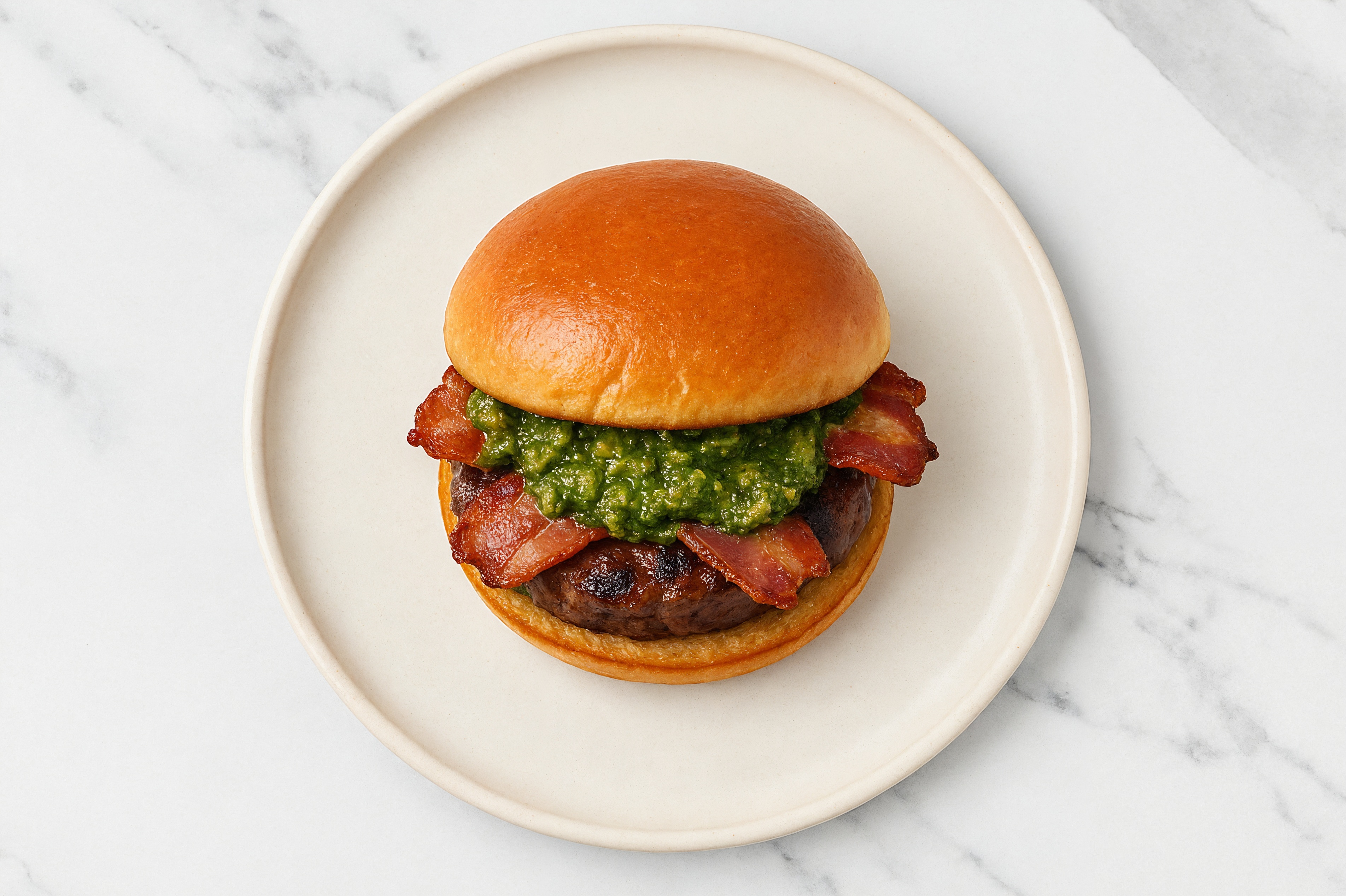 Lamb Burger on Brioche with Spinach Pesto & Applewood Smoked Pork Bacon