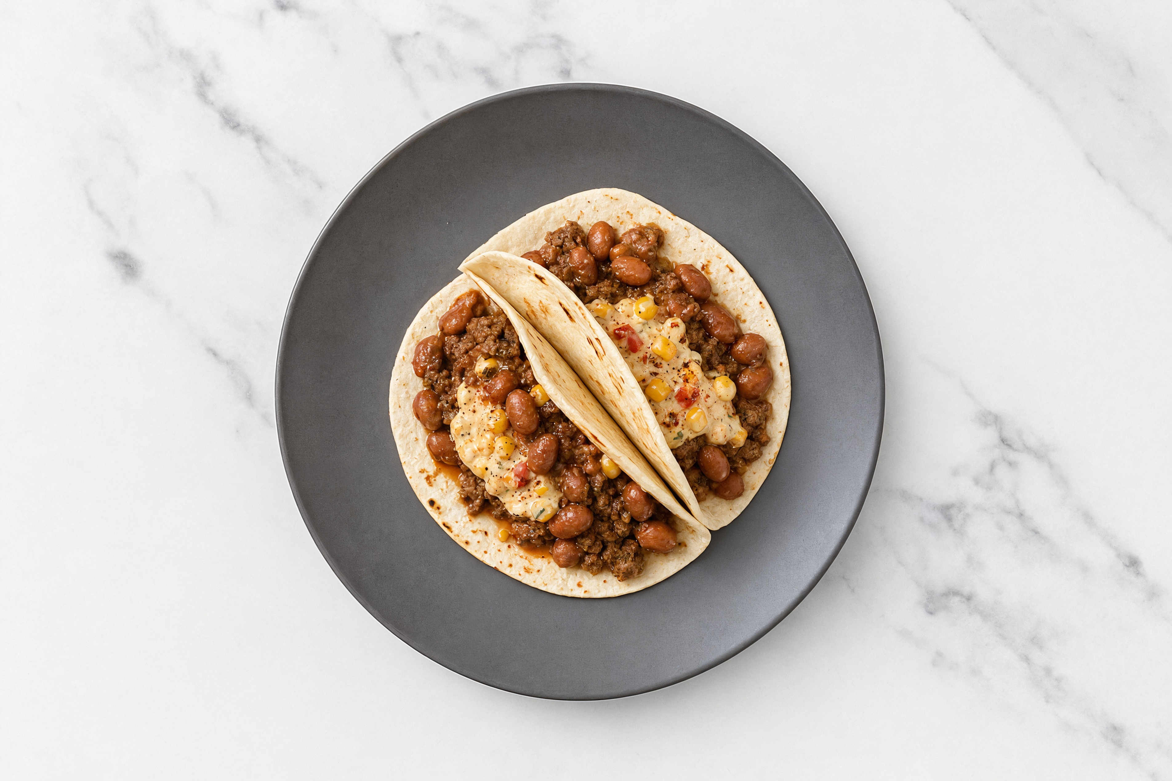 Ground Beef Tacos with Street Corn Sauce & Pinto Beans