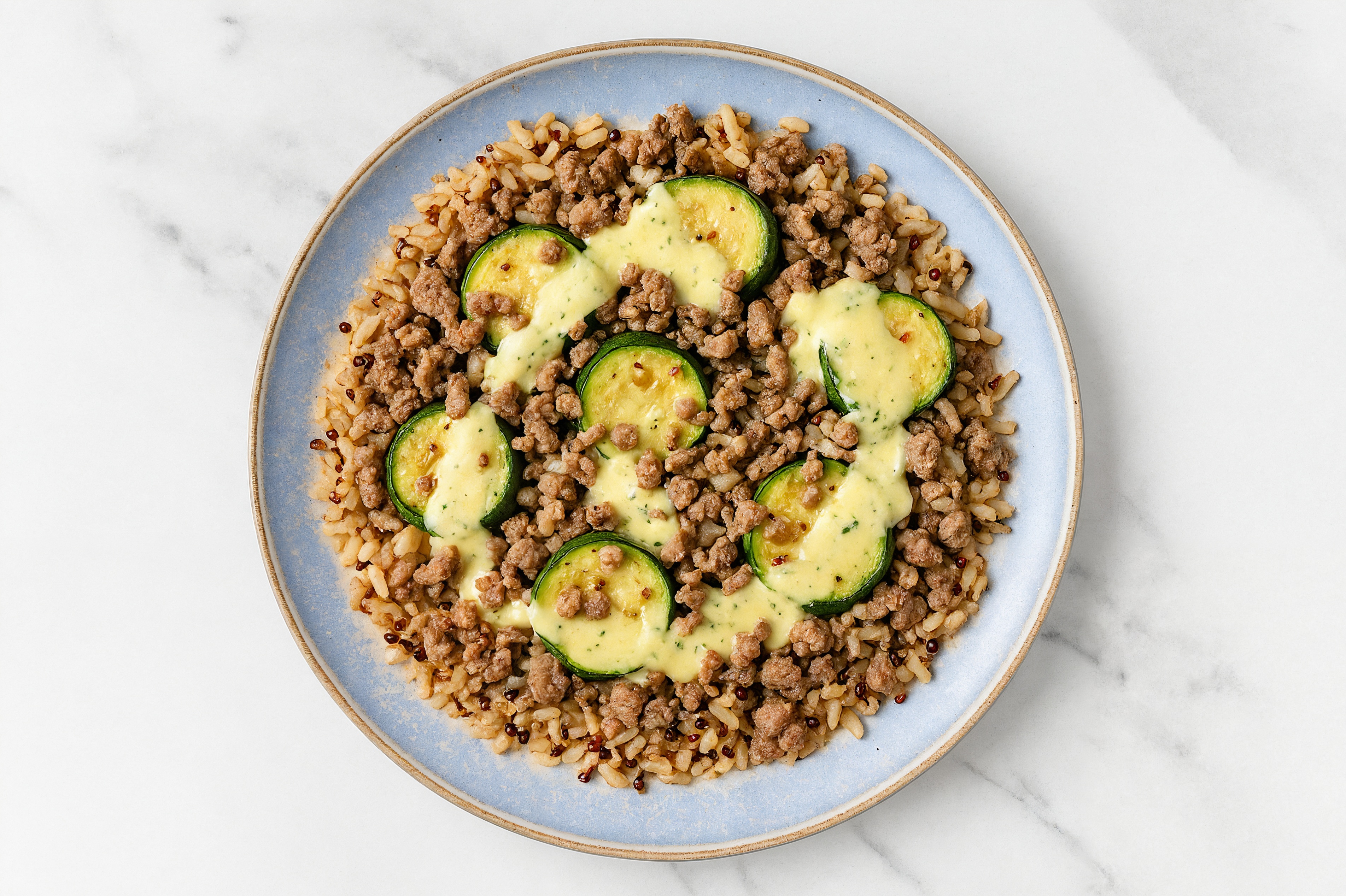 Creamy Herb Ground Lamb + Quinoa Bowl with Fresh Zucchini