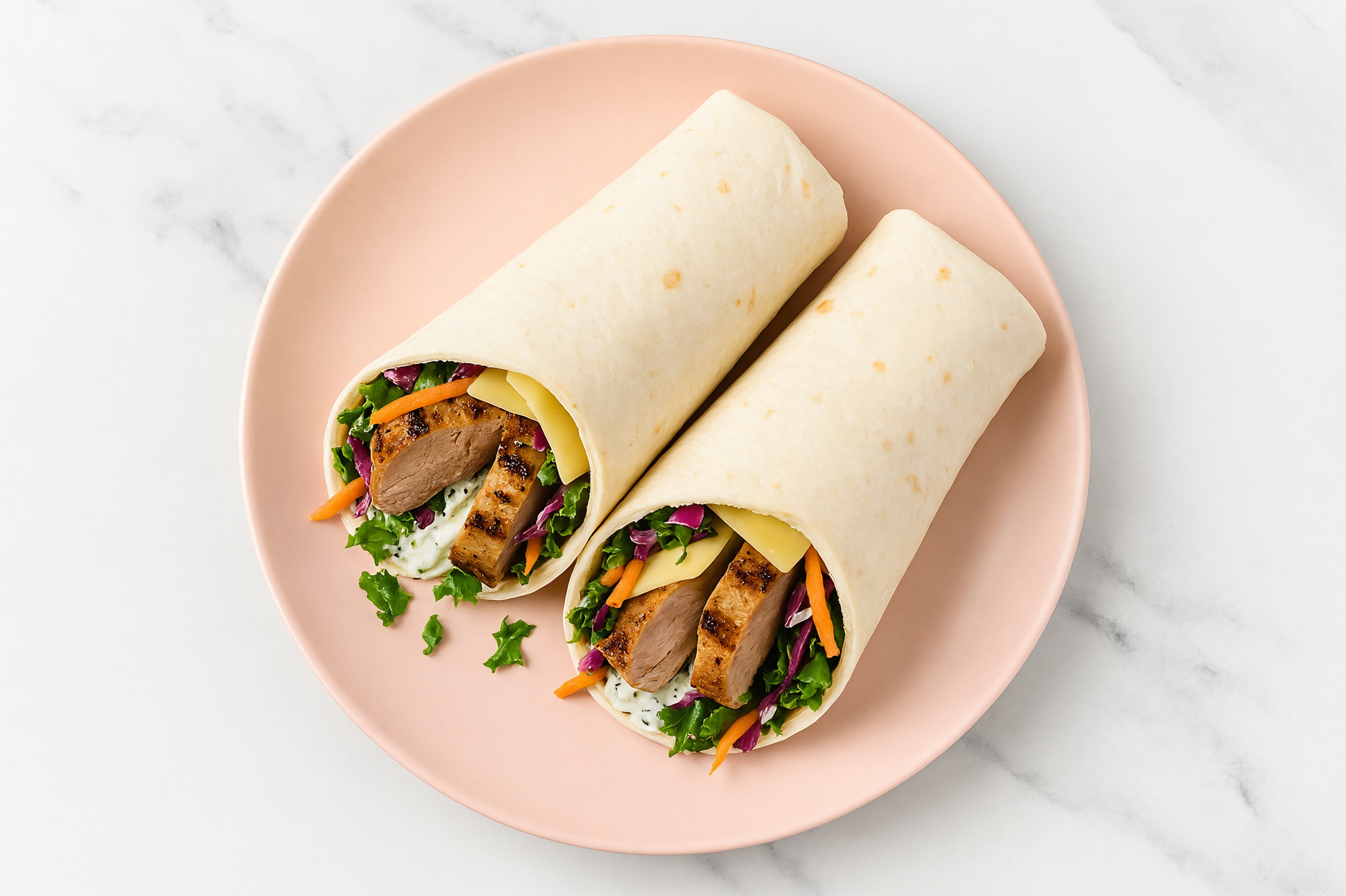 Creamy Pork Tenderloin + Swiss Wraps with Rainbow Veggies