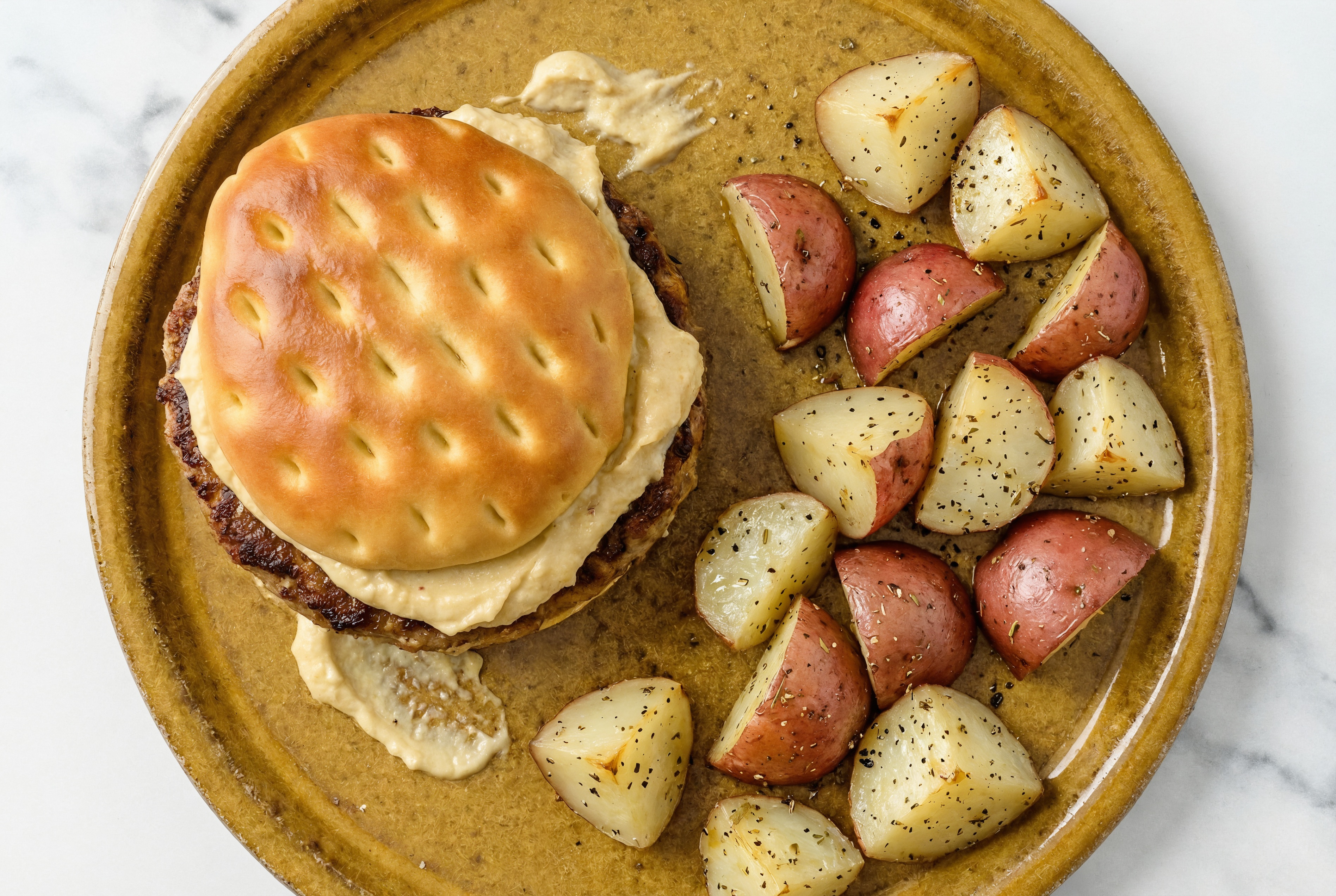 Beyond Burger with Red Potatoes & Onion Hummus