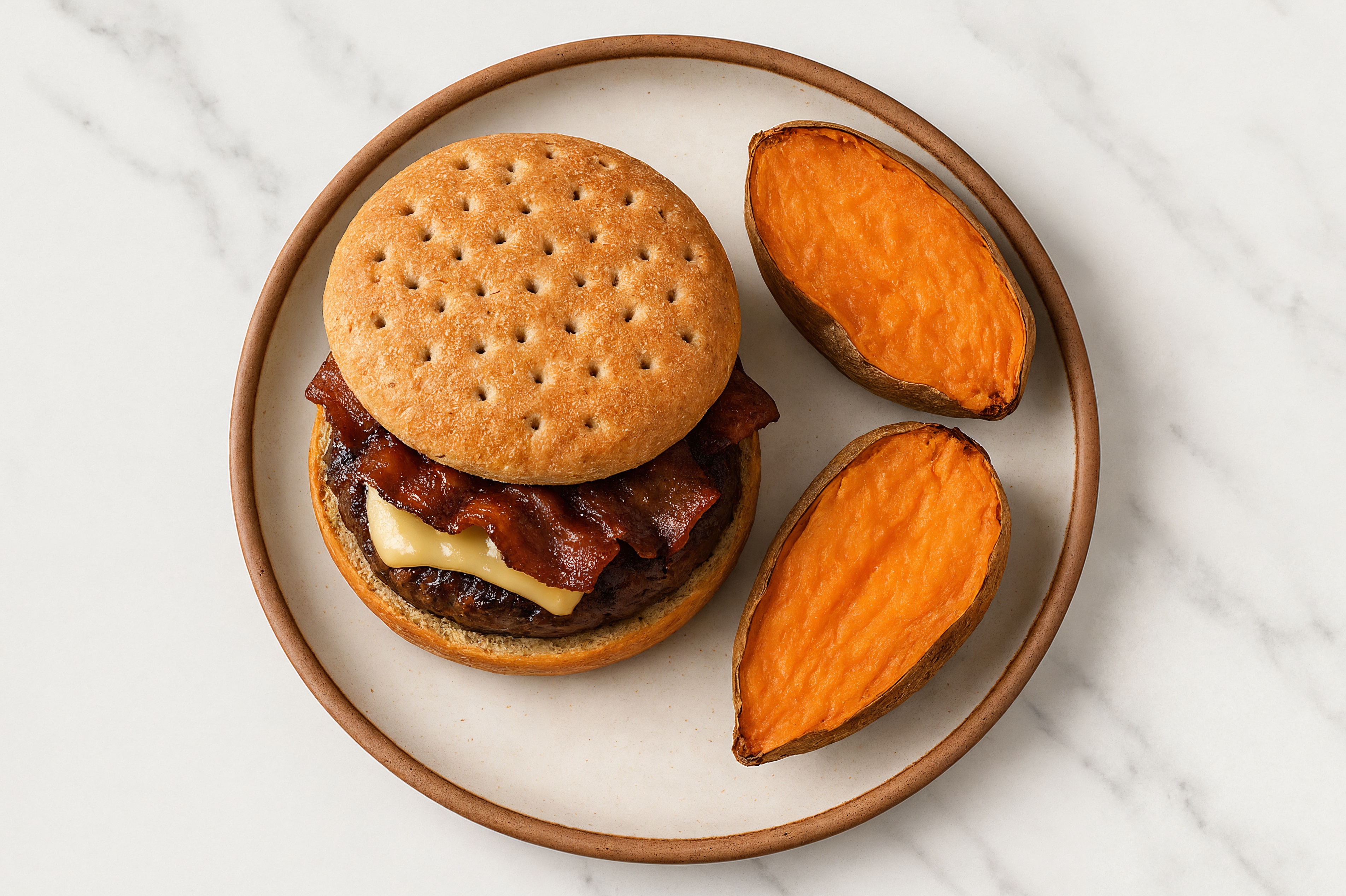 MyBacon Cheeseburger with Baked Sweet Potato with Wagyu Beef Patties