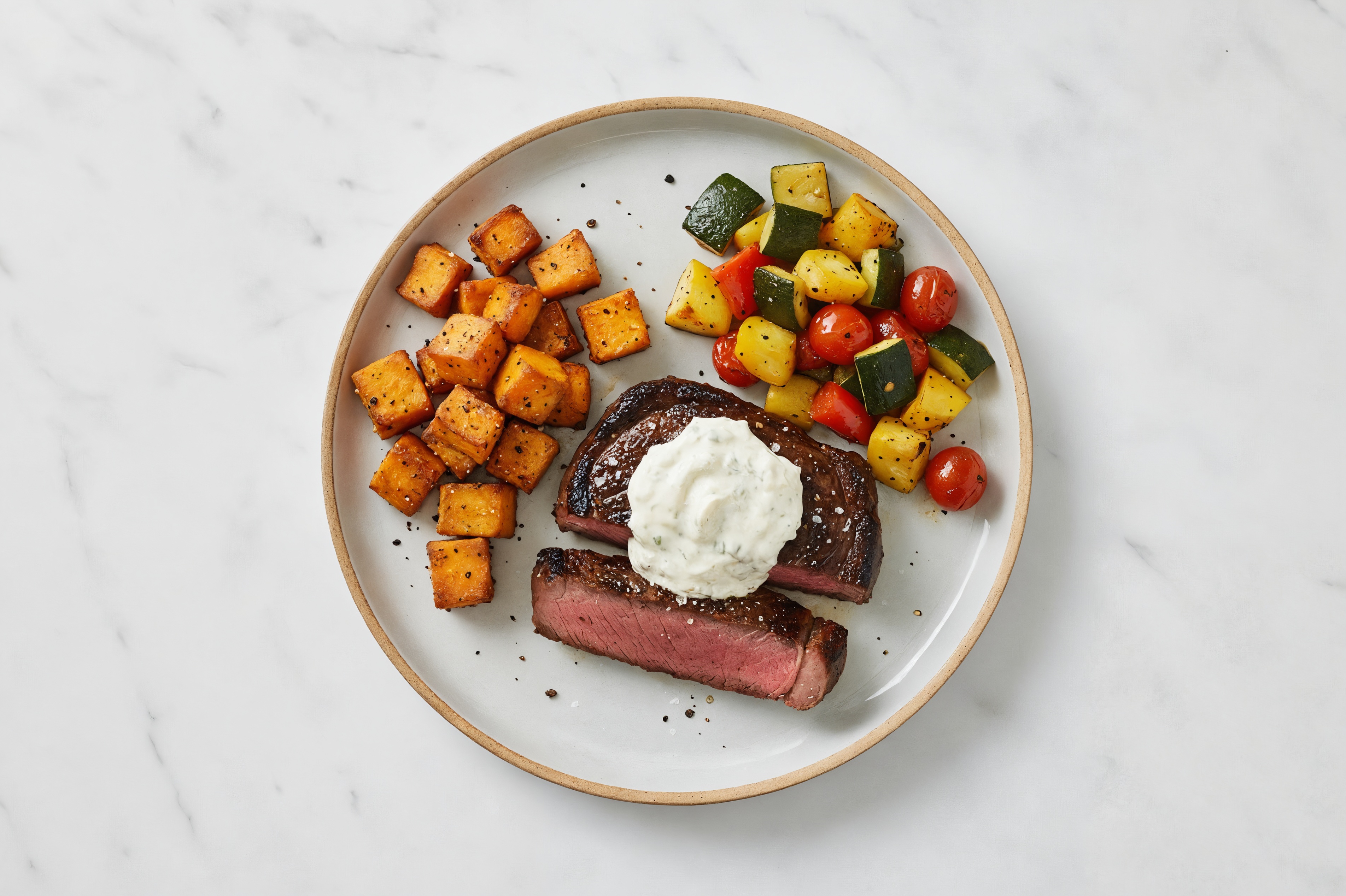 Herby Garlic NY Wagyu Strip Steak + Summer Veggies