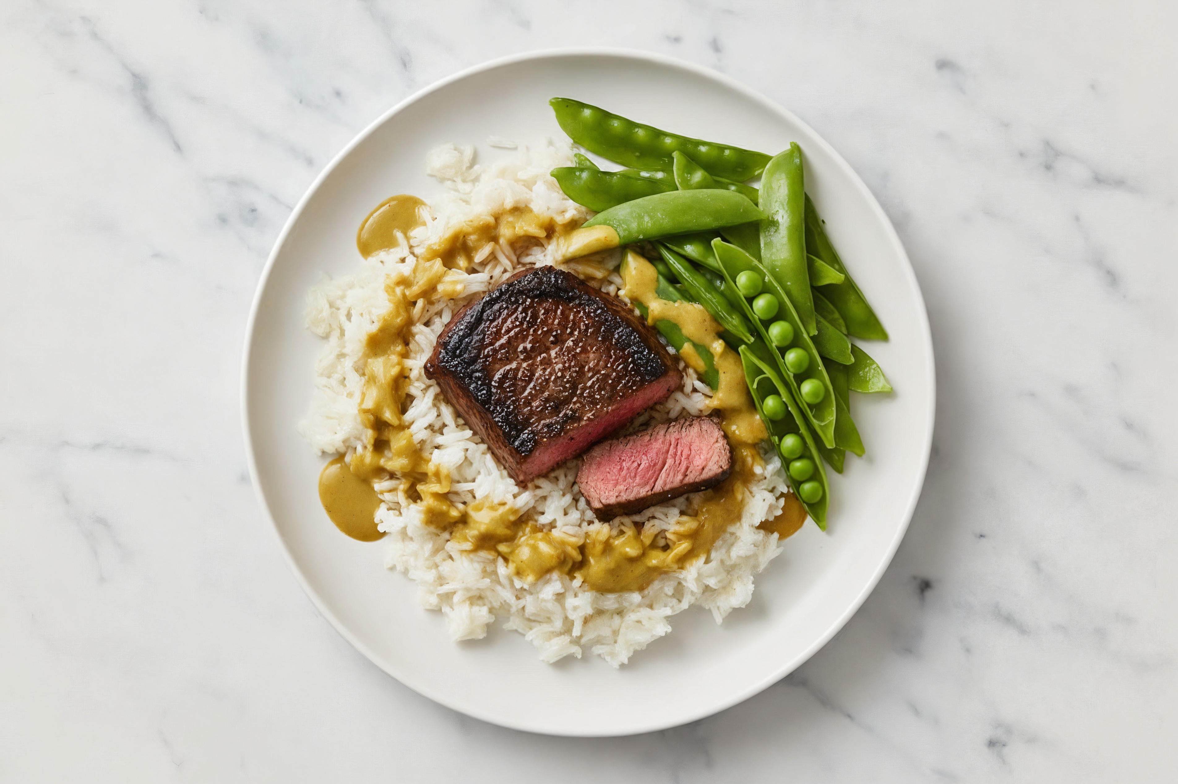 Coconut Curry Bison Filet Mignon with Pea Snaps + White Rice | Hungryroot