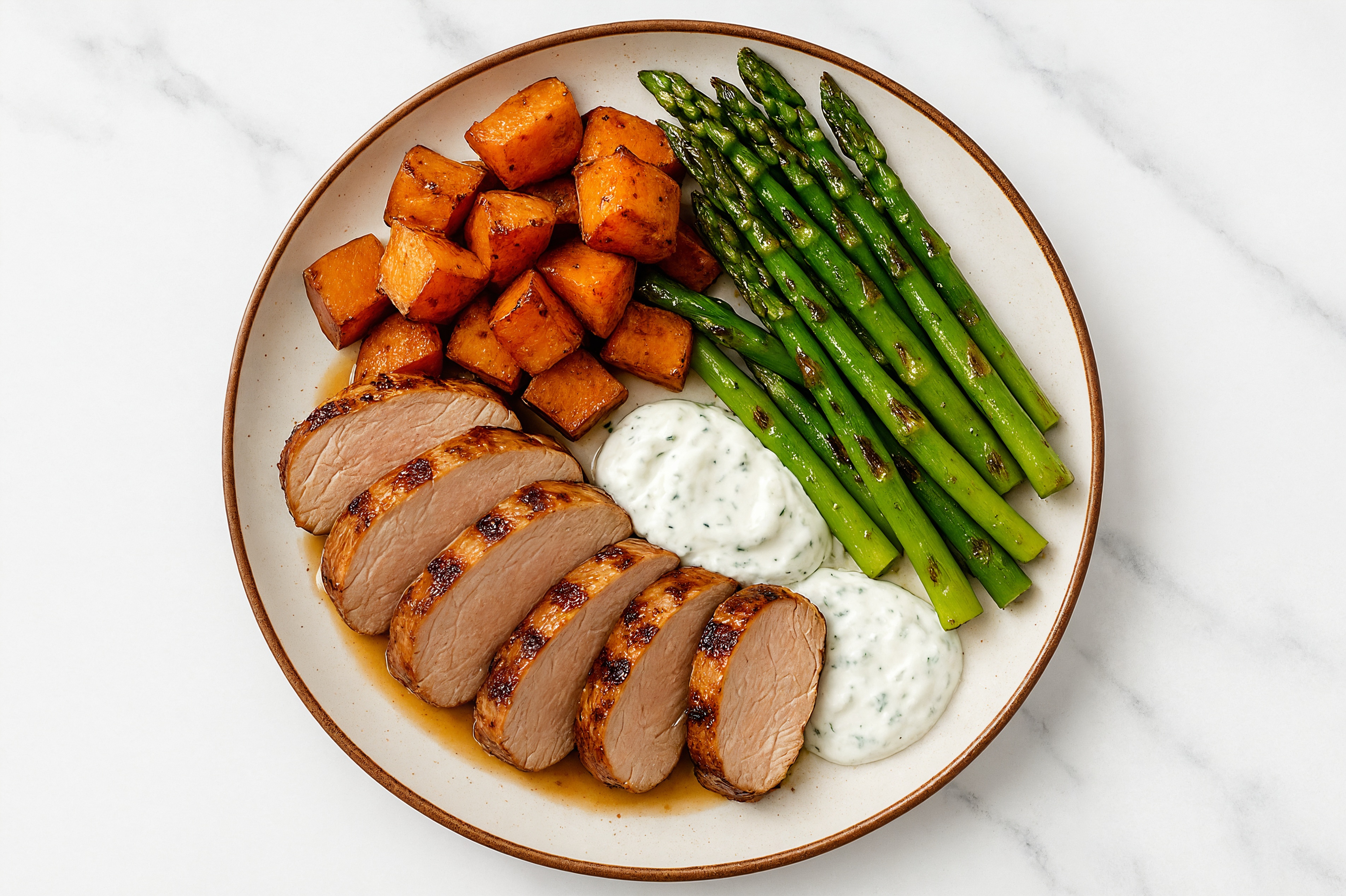 Herby Grilled Pork Tenderloin + Asparagus Spears with Feta Cucumber Tzatziki Dip