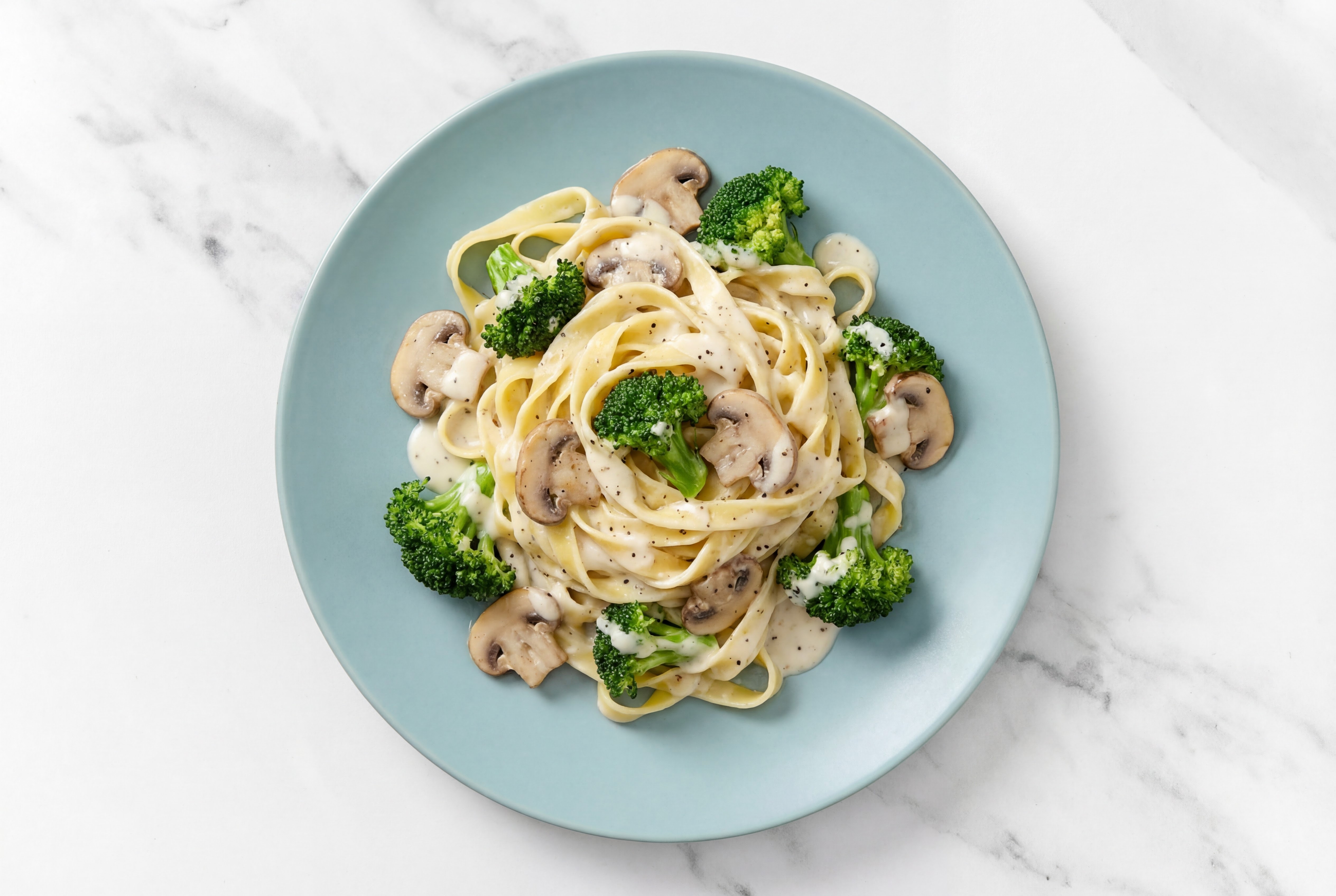 Broccoli Bunches + Mushroom Tagliatelle Alfredo