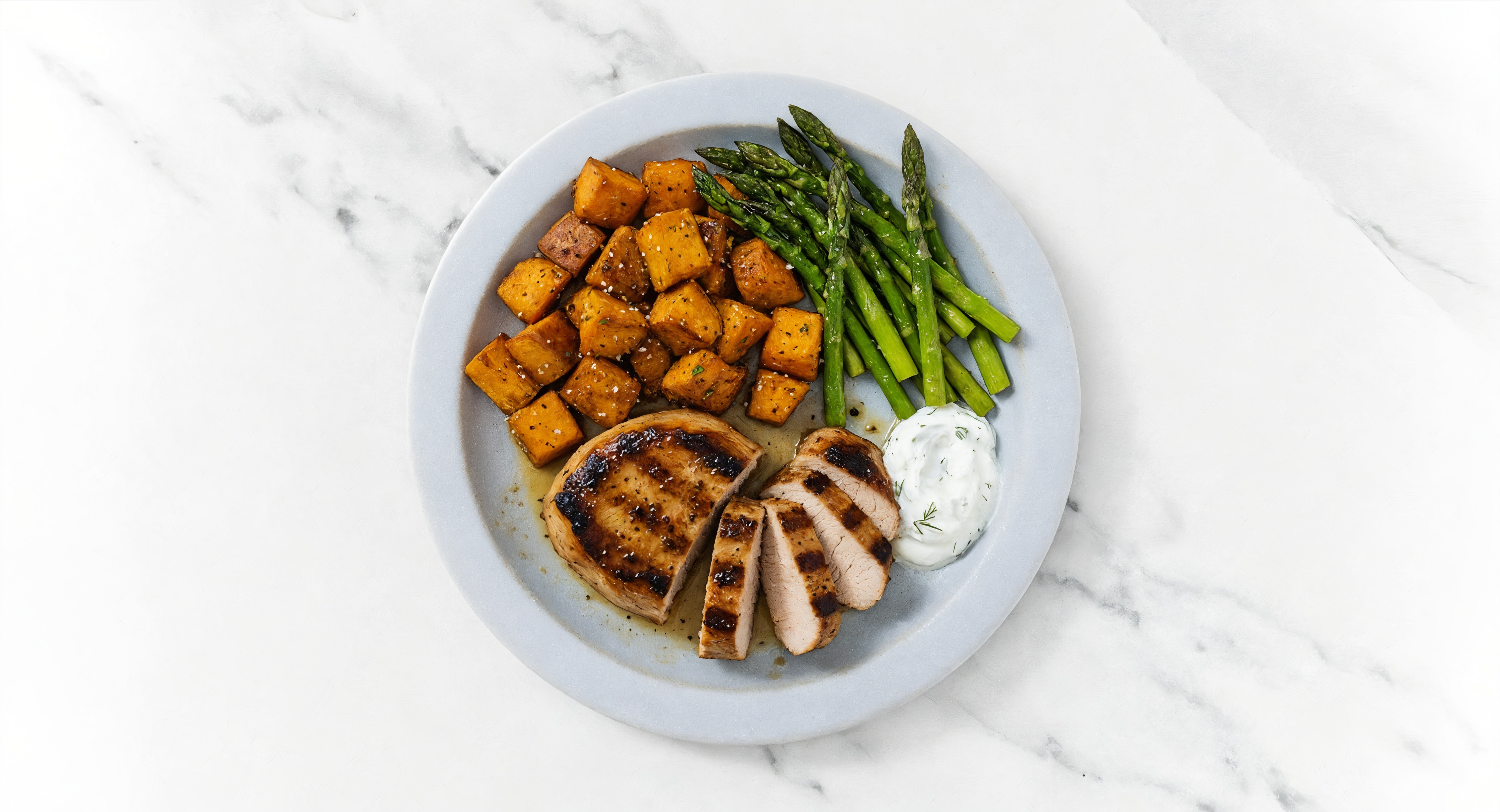 Grilled Pork Tenderloin + Asparagus Spears with Dairy-Free Tzatziki